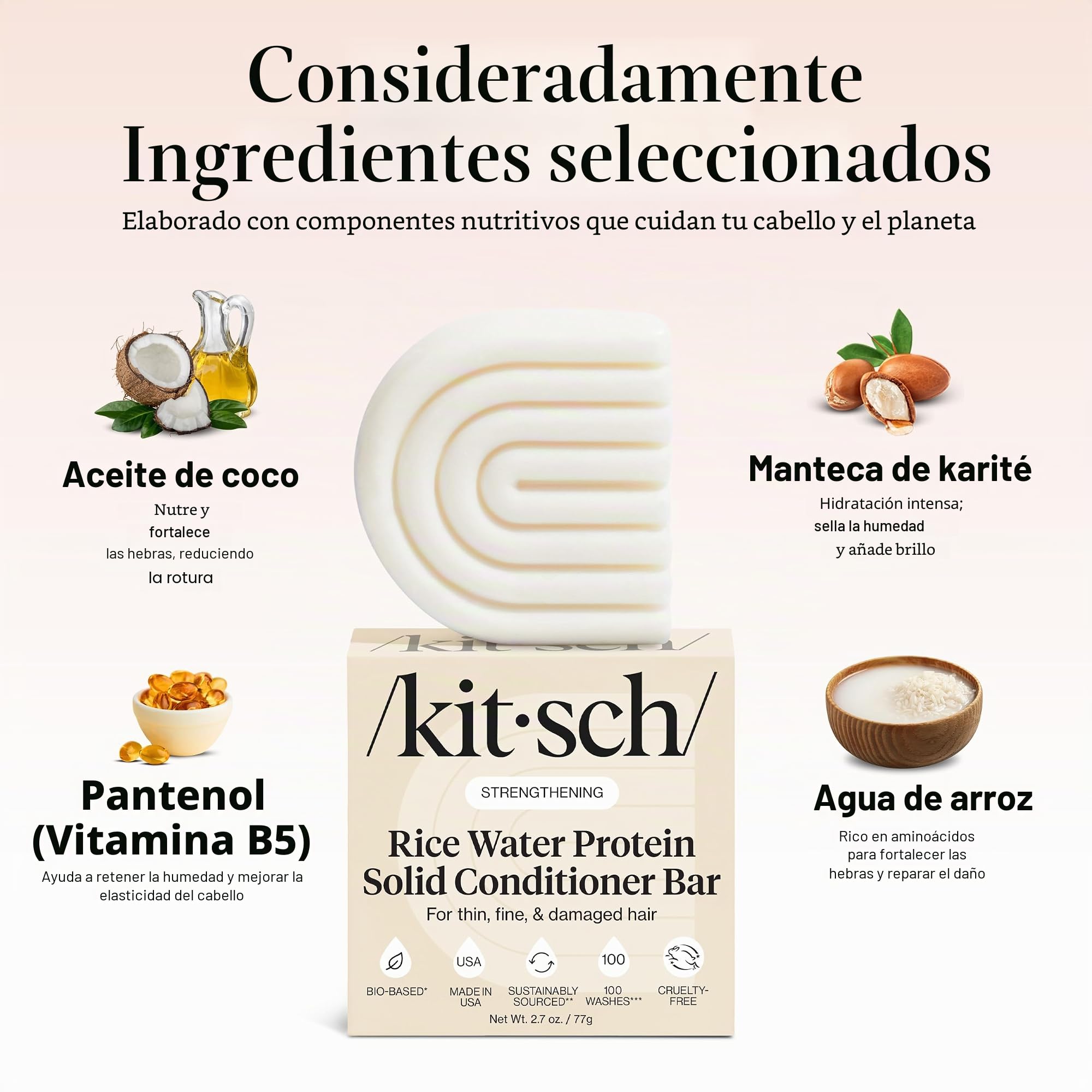 Kitsch Barra acondicionadora con agua de arroz – Barra de acondicionador sólida para fortalecer e hidratar el cabello, acondicionador para mujeres, mejor par con barra de champú Kitch, sin parabenos