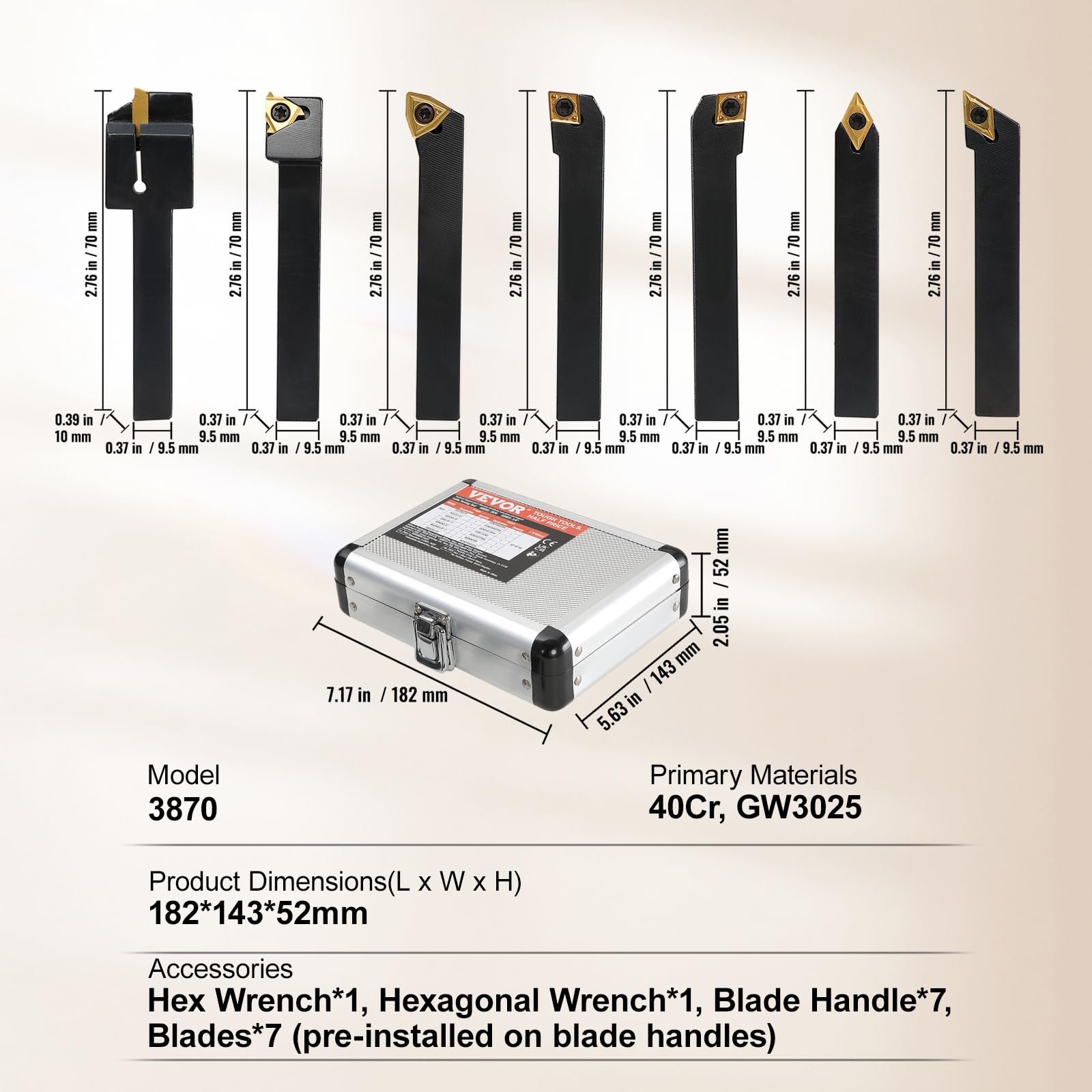 VEVOR 7-teiliger Wendeschneidplattenhalter, 3/8 Zoll, CNC-Hochleistungs-Metalldrehschneidwerkzeuge, mit zinnbeschichteten Hartmetalleinsätzen, Aluminiumgehäuse, zum Drehen, Einstechen, Gewindeschneide