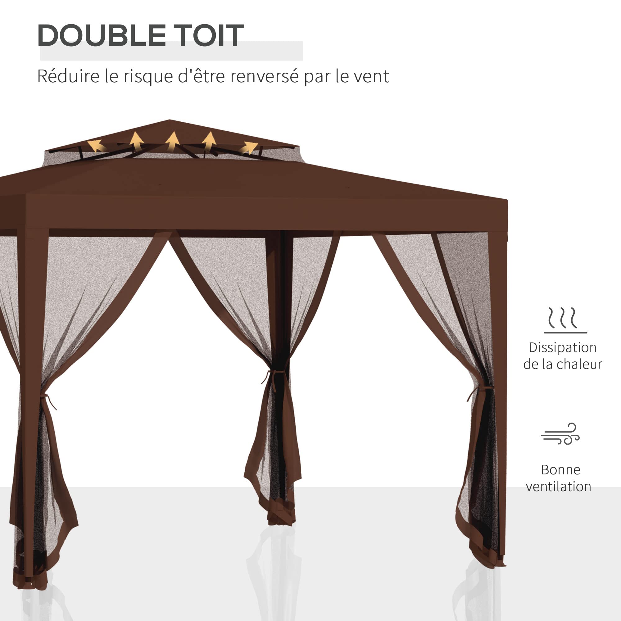 Outsunny Tonnelle Barnum de Jardin 3L x 3l m avec 4 moustiquaires Amovibles - Double Toit - Marron