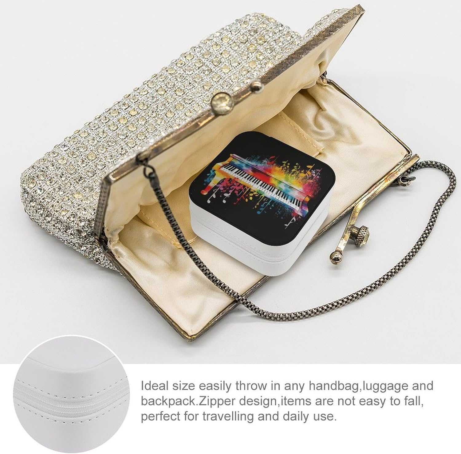 PU Leather Jewelry Travel Case - Colorful Piano Keyboard Music Note Jewelry Organizer with Zipper, Portable Travel Essentials for Women Small Jewellery Storage Holder for Earrings Rings Necklaces image 3