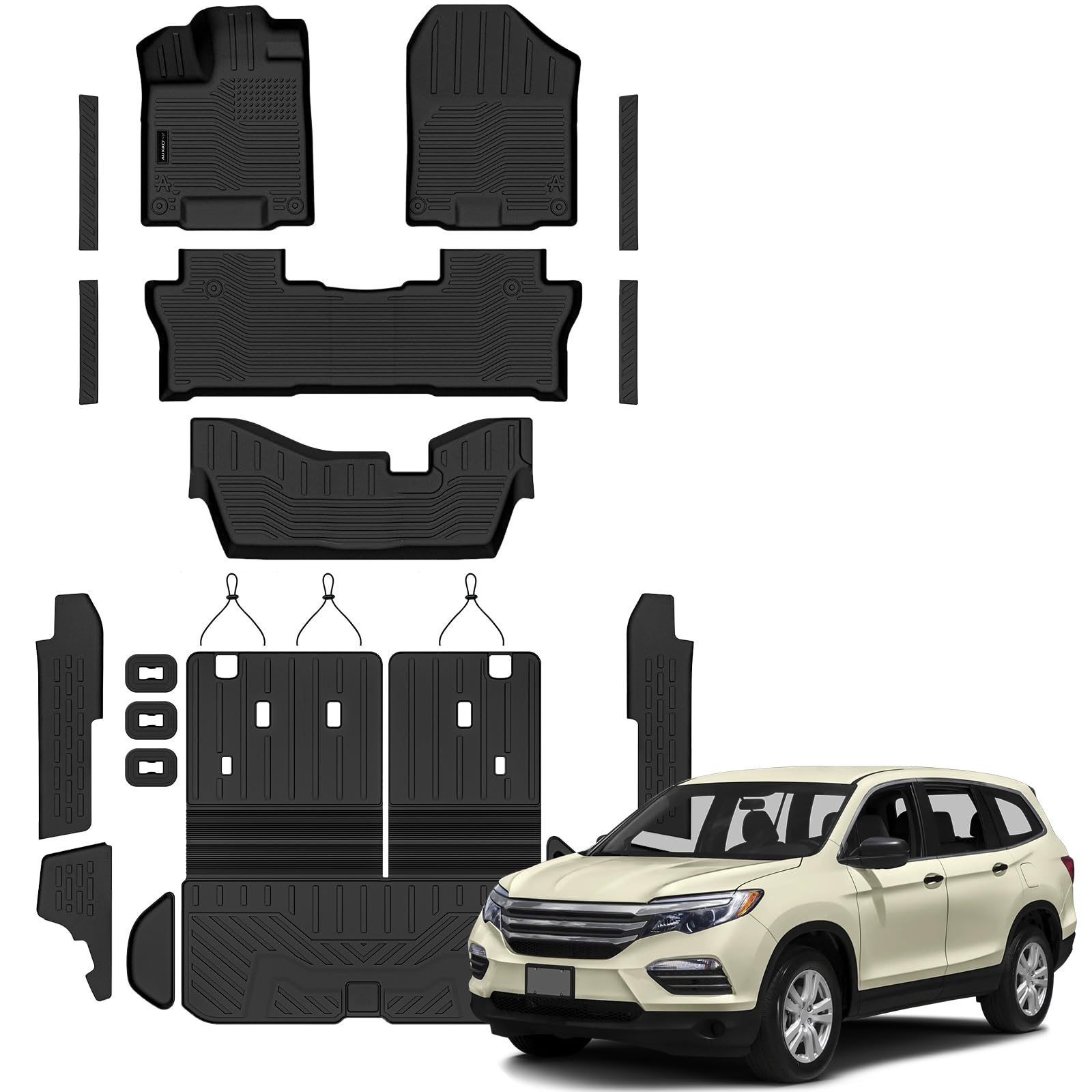 Auxko All Weather Floor Mats Cargo Mat with Backrest Mat for Honda Pilot 8 Passenger 2016-2022 TPE Liners Accessories Guard Odorless Anti-Slip Floor Liners Trunk Tray with Back Seat Protectors