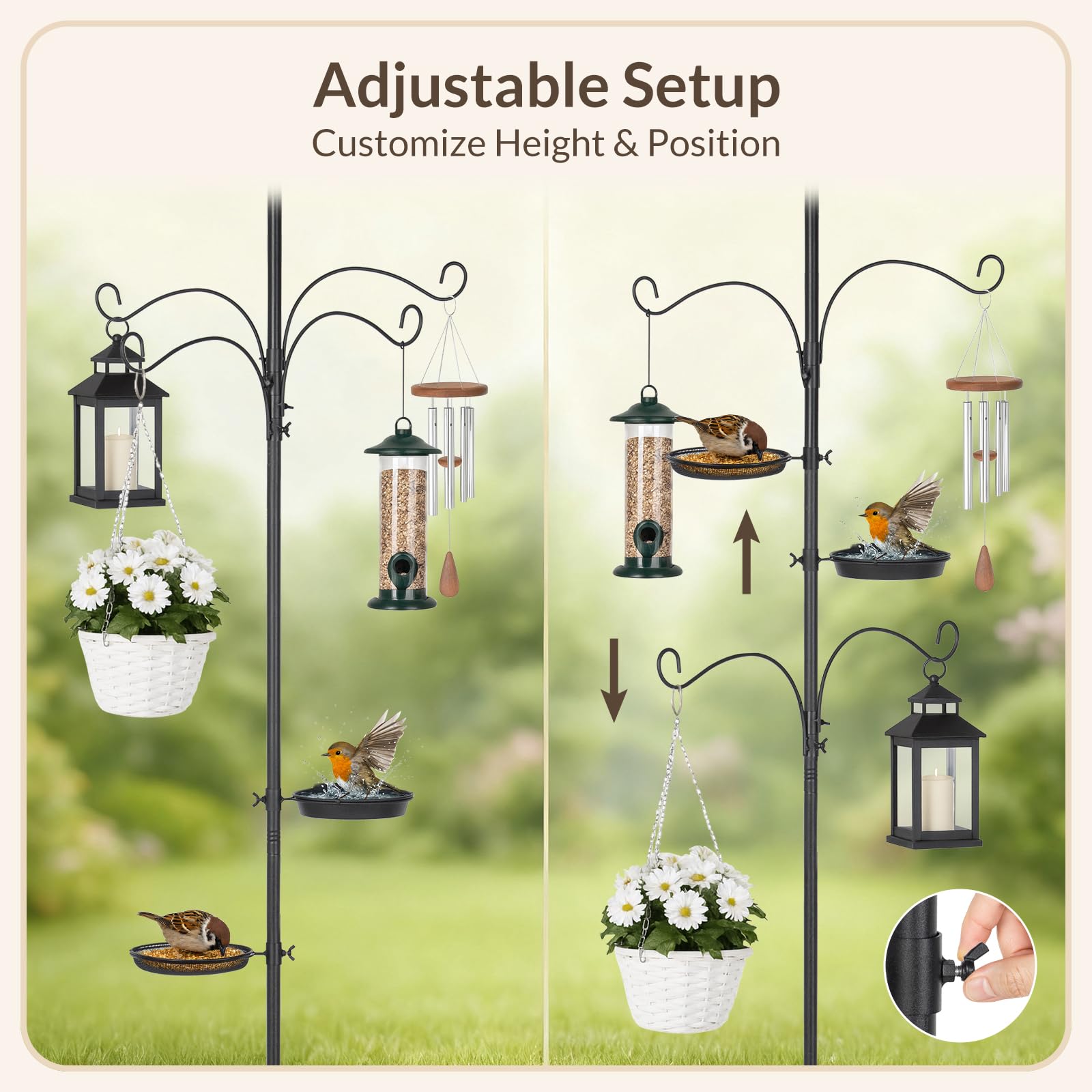 Todeco Crochet de Berger de Jardin, 233cm Crochet de Jardin Réglable en Métal, avec 4 Crochets, 2 Palettes, Garde-rat, Support de nichoir, Suspension Extérieur pour Lanterne, Lumineuse, Plantes