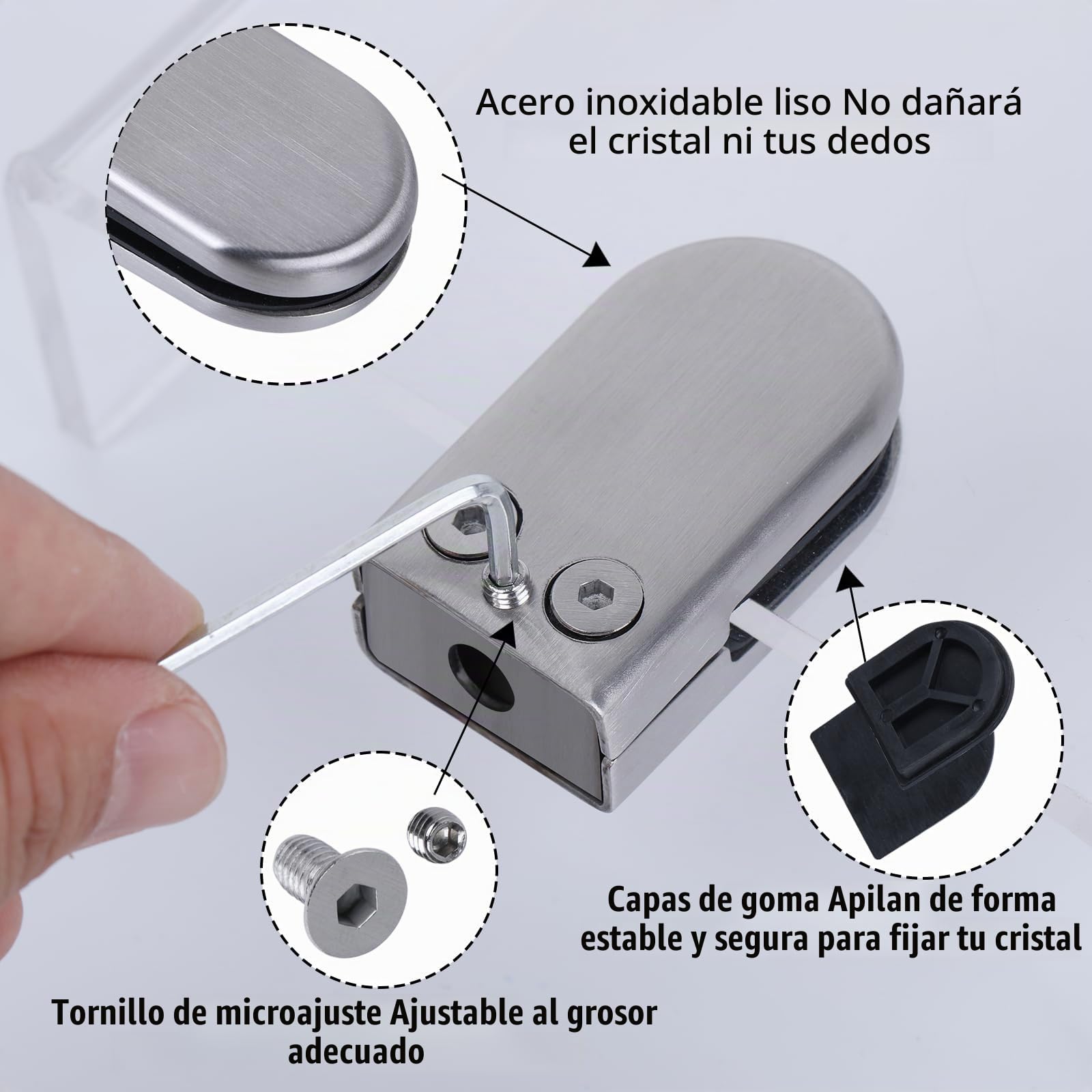 8 Pcs Abrazaderas de Vidrios, Abrazadera de Vidrio Ajustables de 8-10 mm, Soporte Estante Cristal de acero inoxidable para barandillas de escaleras con llave hexagonal