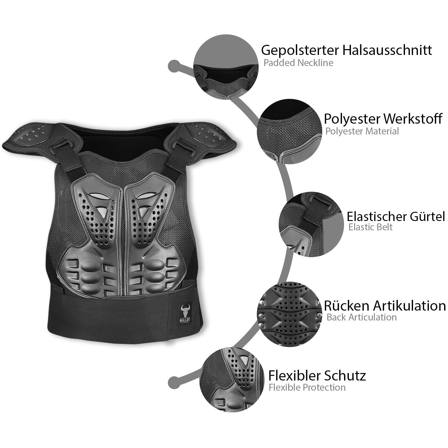 BULLDT Protektorenweste Damen & Herren für Motorrad Motocross ATV Skatebording Quad Scooter MTB Enduro Reiten Protektoren - Atmungaktiv Weste Verstellbar - Schwarz - 54