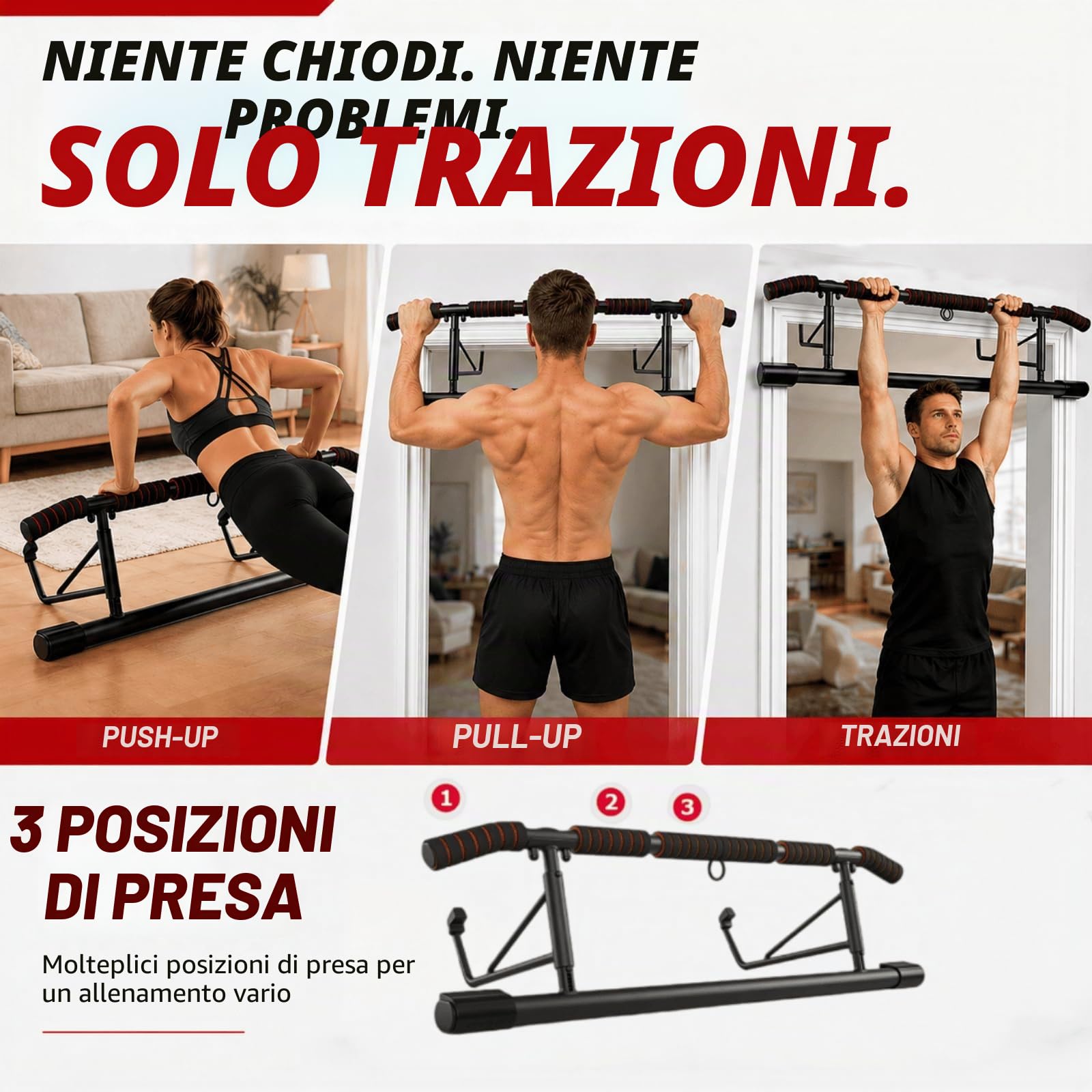 Barra per Trazioni da Porta Senza Installazione, Pull Up Bar | 6 Impugnature Regolabile, Sbarra Trazioni Pieghevole Palestra in Casa (69-92cm)