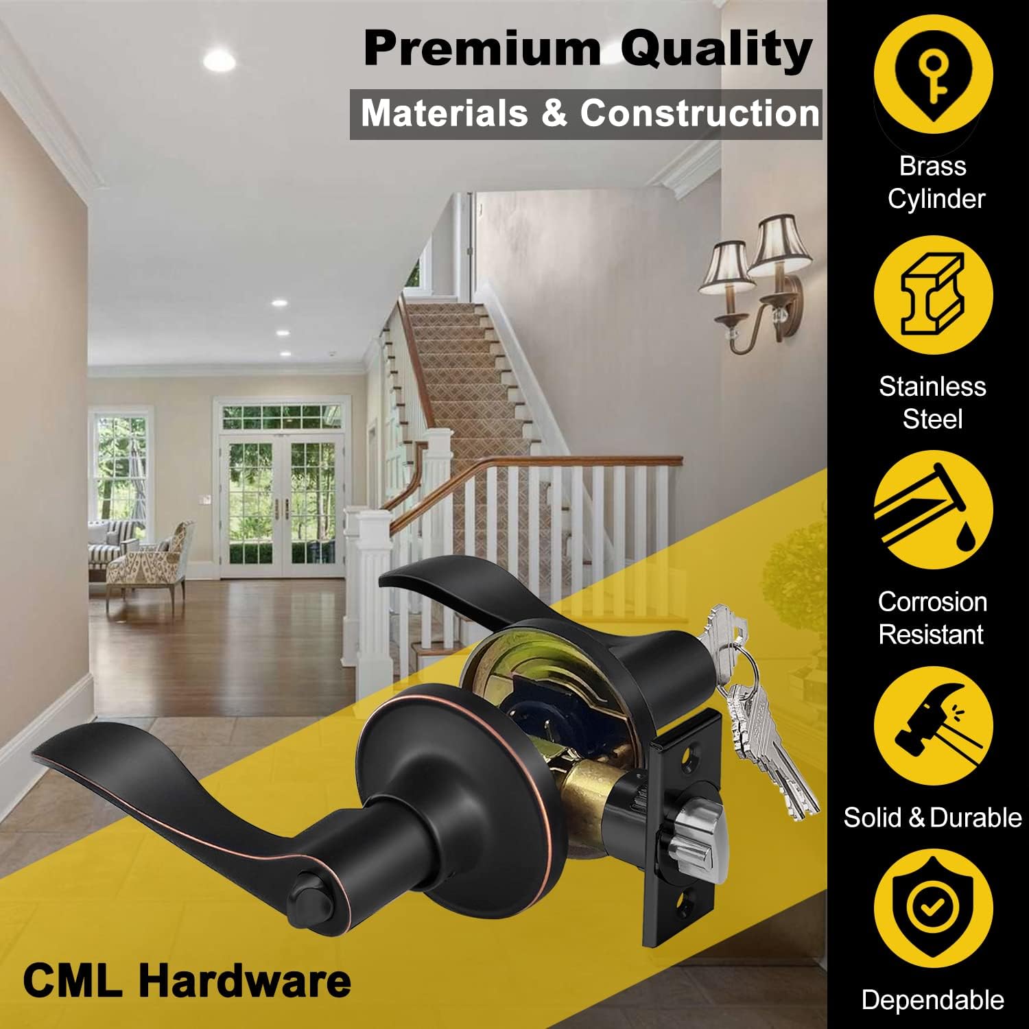 CML Hardware (2 Pack) Classic Wave Keyed Alike Entry Door Lever in Oil Rubbed Bronze, Exterior and Interior Door Handle Lock Set with Same Keys for Entrance, Reversible for Right & Left Handed