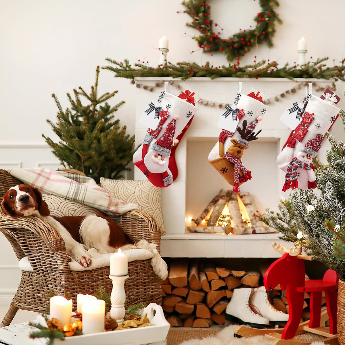 Calzini natalizi da appendere, con Babbo Natale, pupazzo di neve e alce, calze di velluto in peluche per caminetto per decorazioni natalizie da appendere (1 calzino di Babbo Natale) (Babbo Natale con