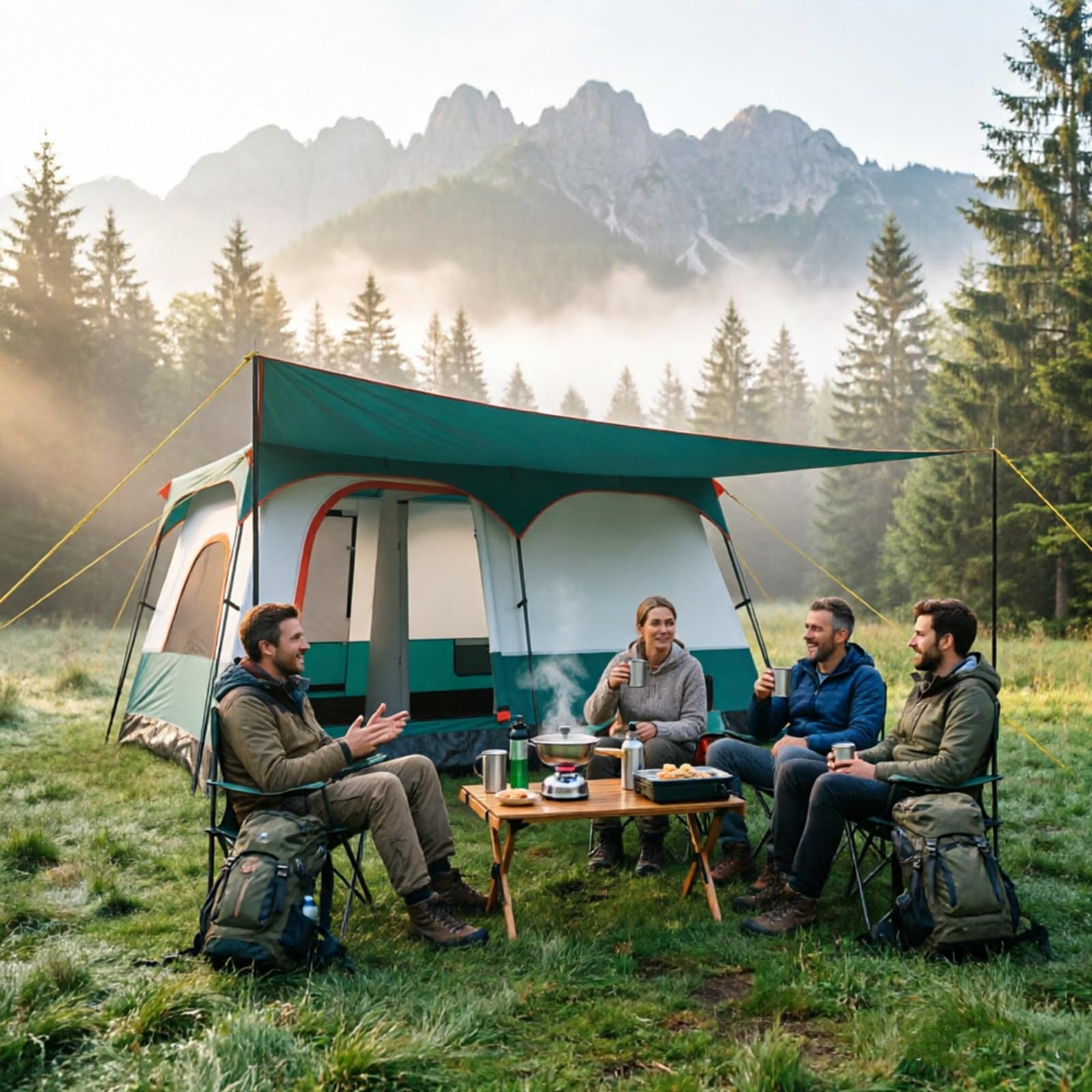 GYMAX Tunnelzelt 4-10 Personen, Wasserdicht 3000mm, Stehhöhe 1,8-2m, Camping Zelt mit 2 Eingänge, Vordach & abnehmbares Doppeldach, große Familienzelt für Camping, Reise & Trekking