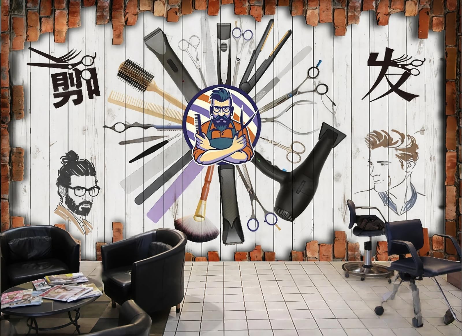 Xdoubao 3D Wallpaper Retro Nostalgic Brick Wall Hair Salon Letters Personalized Barber Shop Coffee Shop Background Mural Western Restaurant Wallpaper,,430X300cm
