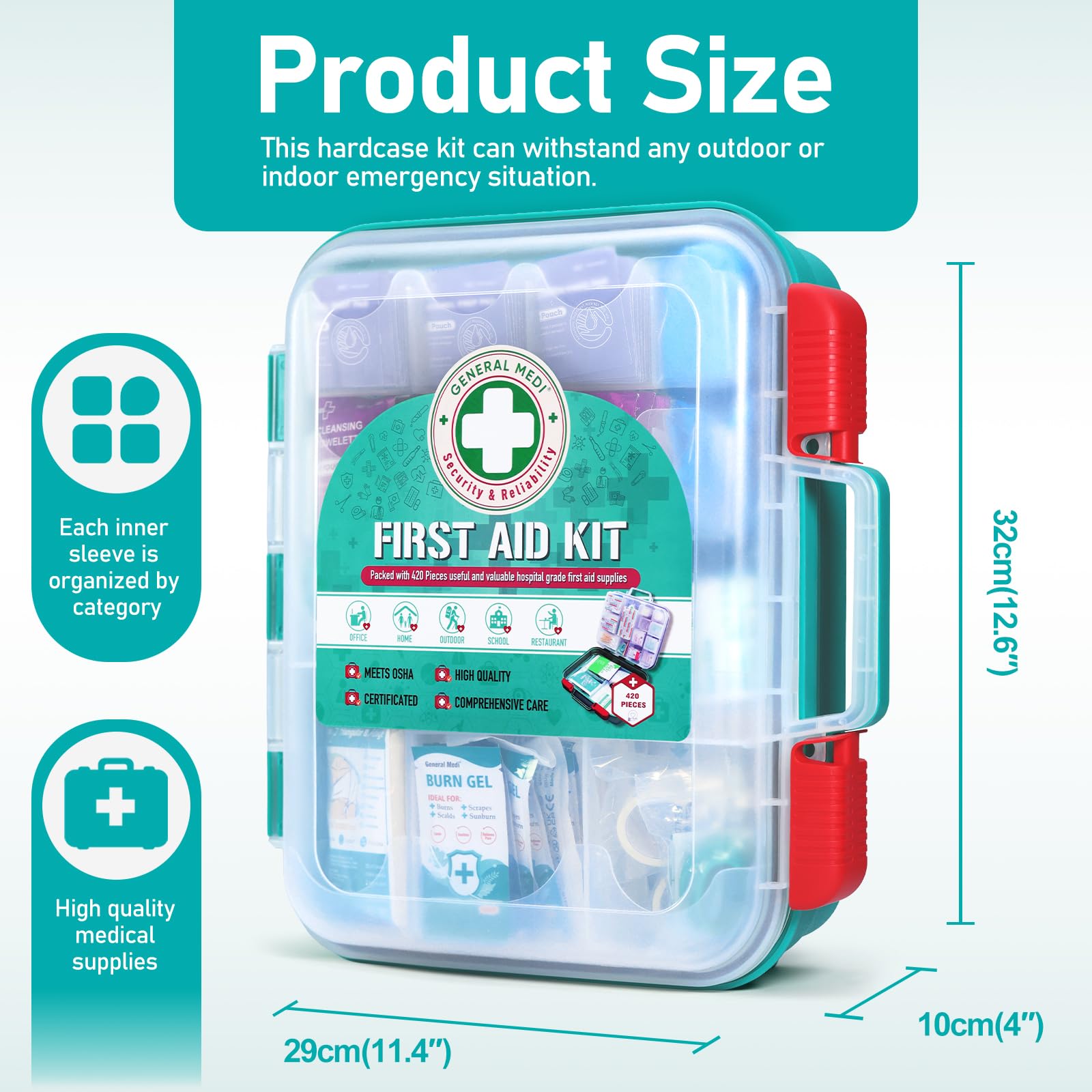 General Medi Kit de premiers secours professionnel 420 pièces – Boîte de premiers secours rigide – Contient des fournitures médicales de qualité supérieure pour voyage, maison, bureau, véhicule