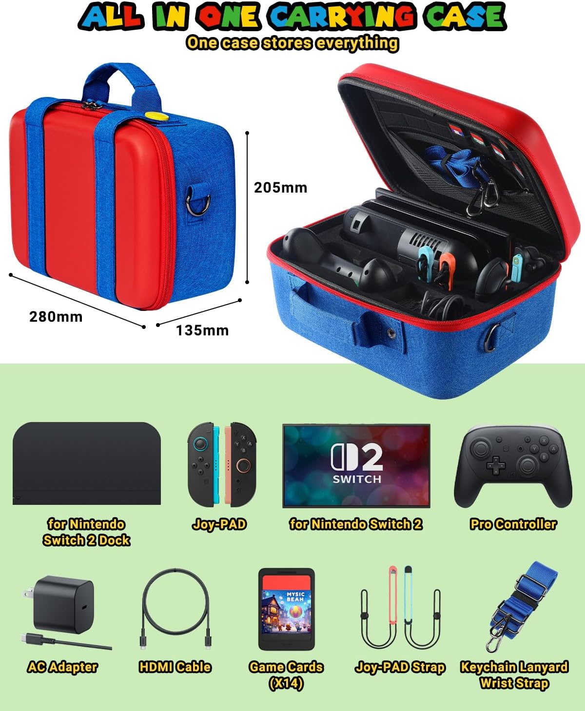 All in One Carrying Case for Nintendo Switch 2, Funlab Portable Storage Travel Messenger for Switch 2 with 14 Game Holders, Storage Carry Case for Switch 2 Console Pro Controller & Accessories - Image 2