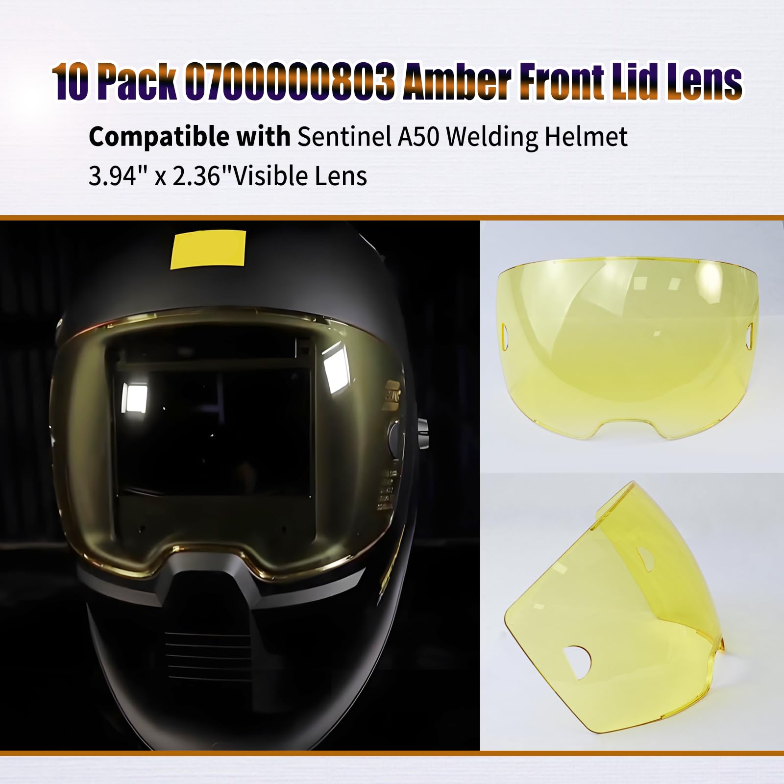 Paquete de 10 lentes de cubierta ámbar 0700000803 para casco de soldadura Sentinel A50 | Paquete de 10 lentes de cubierta frontal ámbar 0700000803 para casco de soldadura Sentinel A50, 10 x 6 cm