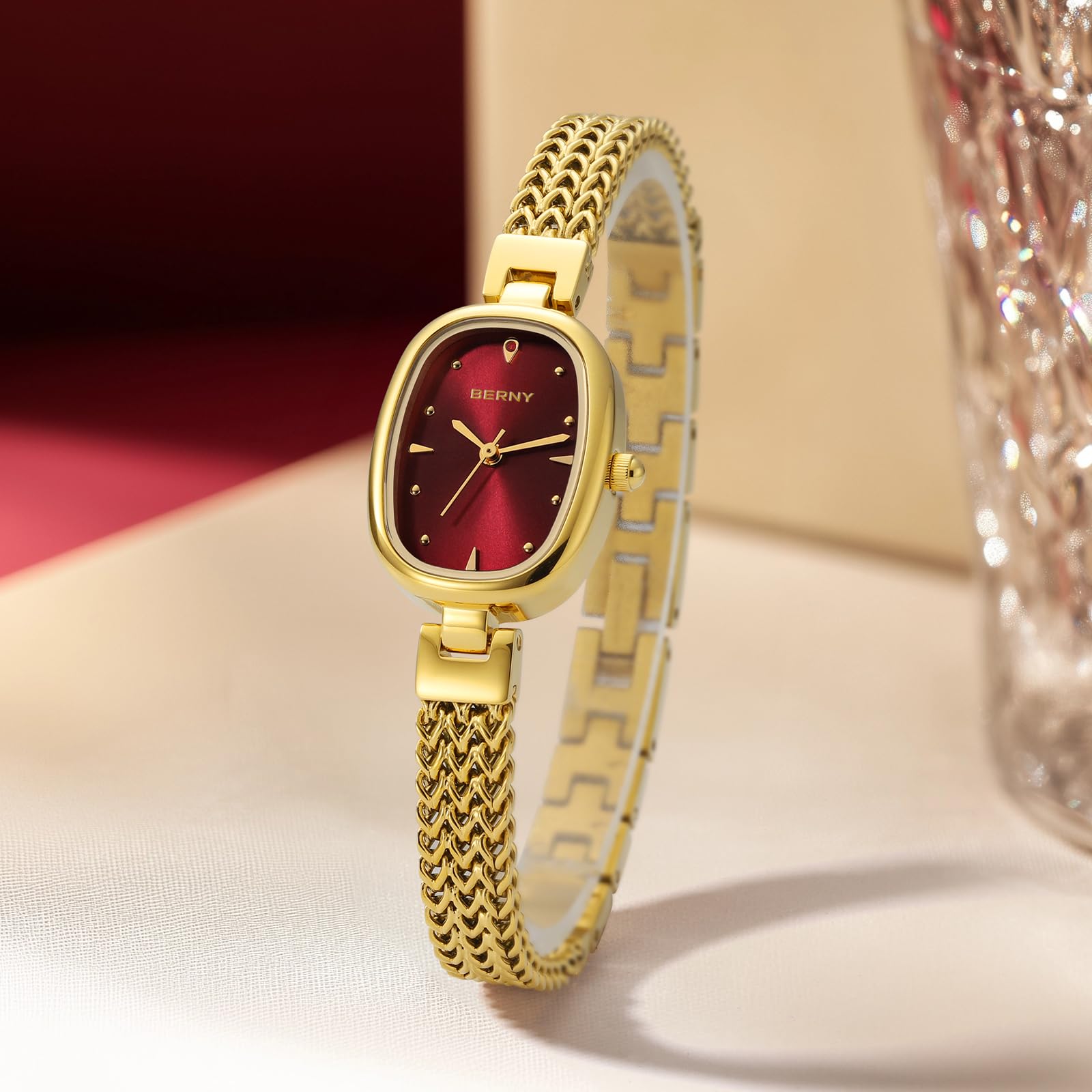 BERNY Relojes De Oro para Mujeres Reloj De Pulsera Ovalado Vintage Analógico De Cuarzo para Damas Reloj De Pulsera De Lujo Resistente Al Agua