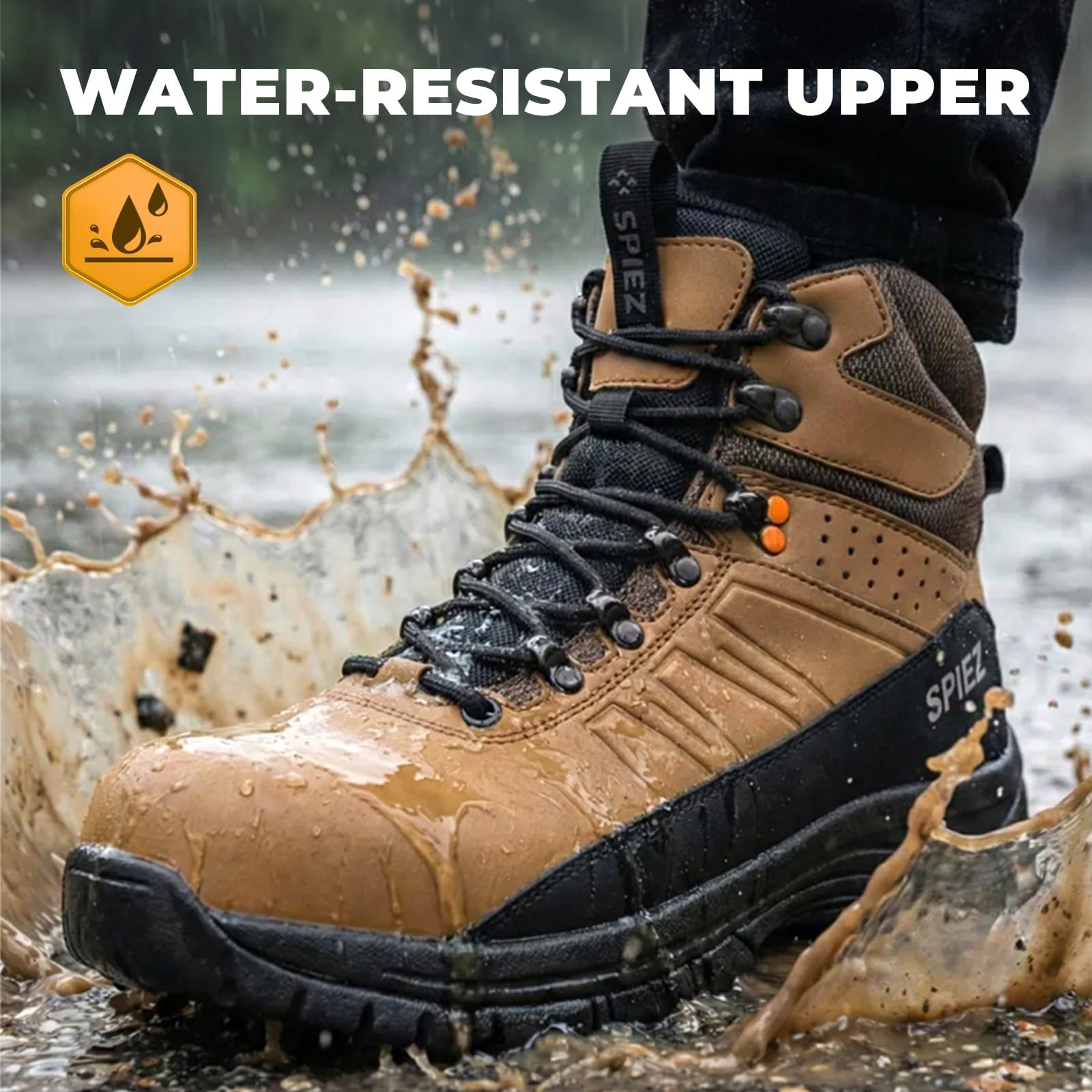 SPIEZ Botas de seguridad para hombre S2 – Zapatos de seguridad ligeros con puntera composite, antideslizantes, resistentes al agua y antiestáticos Marrón, EU 39–46
