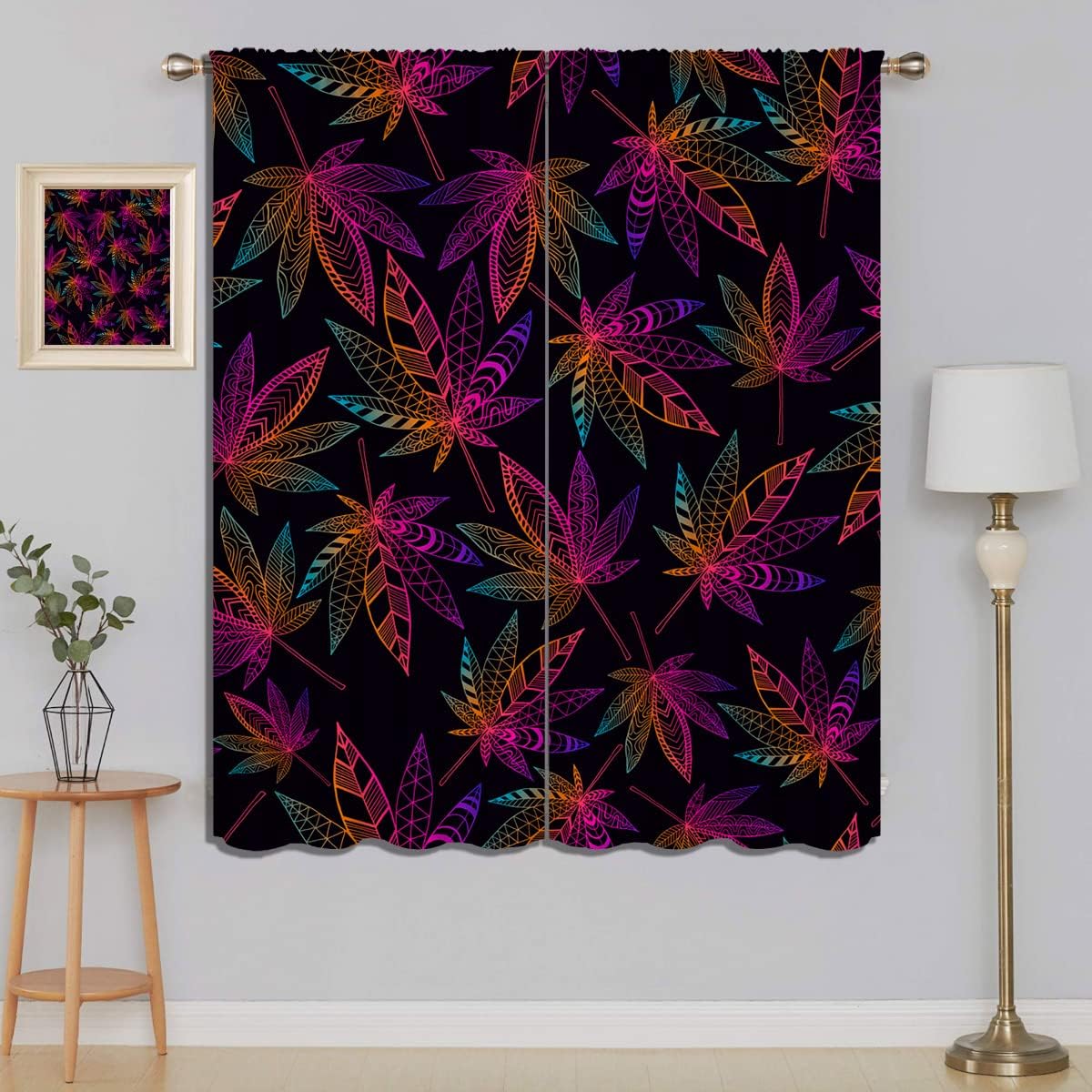 Cannabis Leaf Blackout Curtains for Boy Girl Bedroom Living Room Darkening Decor, Bright Psychedelic with Marijuana Leaf Weed Rod Pocket Thermal Insulated Window Curtain/Drapes 2 Panel, 42x45 Inch