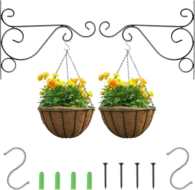 DUSPIRO 2 Pack Wall Hanging Plant Brackets Hanging Basket Brackets Plant Hooks Outdoor Garden Metal Planter Hanger with Screws for Hanging Flower Pots Lanterns Bird Feeder Wind Chimes