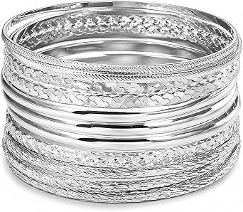 12pcs Silver Bangles for Women, Indian Silver Bangle Bracelet Set for Womens, Adjustable Stackable Bangles Set for Party Wedding Daily Wear, Silver Tone Bangle Bracelet Jewellery Gift