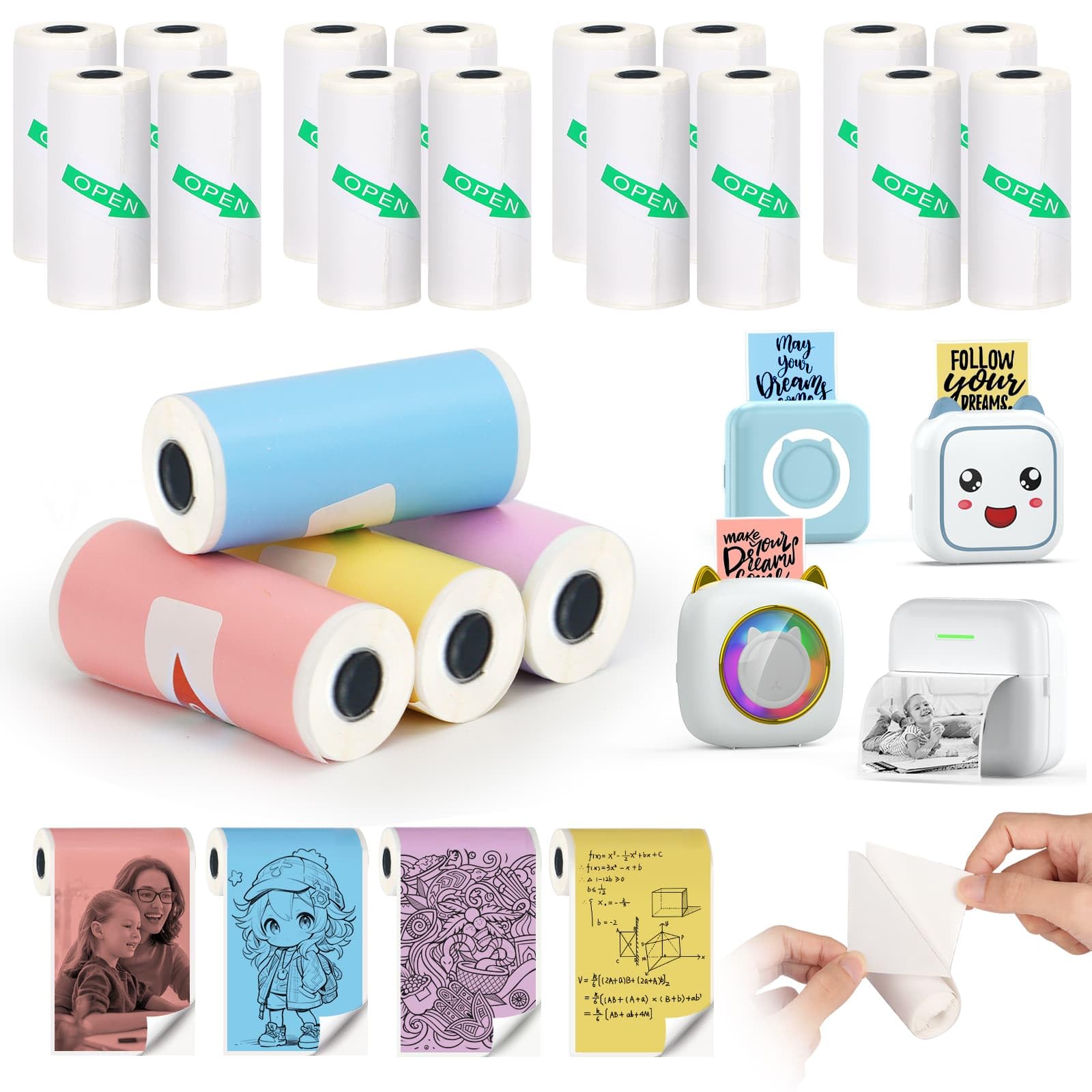 20 Rolls Mini Thermal Sticker Printer Paper 57x25mm Inkless Self-adhesive Paper for Pocket Bluetooth Receipt Printer for Photo,DIY,Note,Memo(16 White+4 Color)