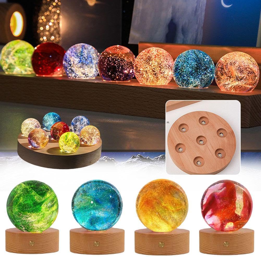 Piedras de cuarzo de cristal de 40 mm, esferas curativas naturales de 7 chakras con soporte de madera LED para meditación, energía positiva, luz nocturna, juego de bolas de decoración