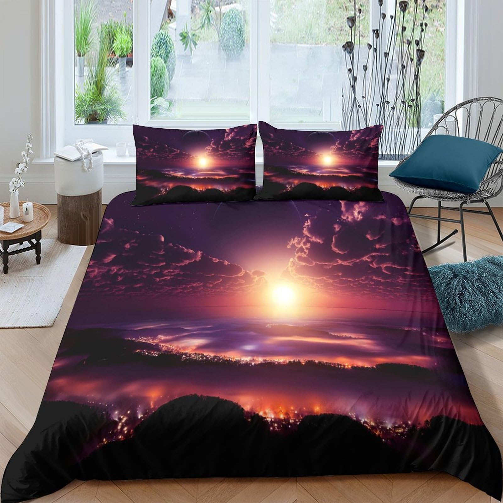Ctjqhvkz Style-8 3D Printed Sunset Landscape Fitted Sheet Microfiber Soft Purple Sunrise Mattress Cover Bedroom Decor Dustproof Washable Single（135X200cm）