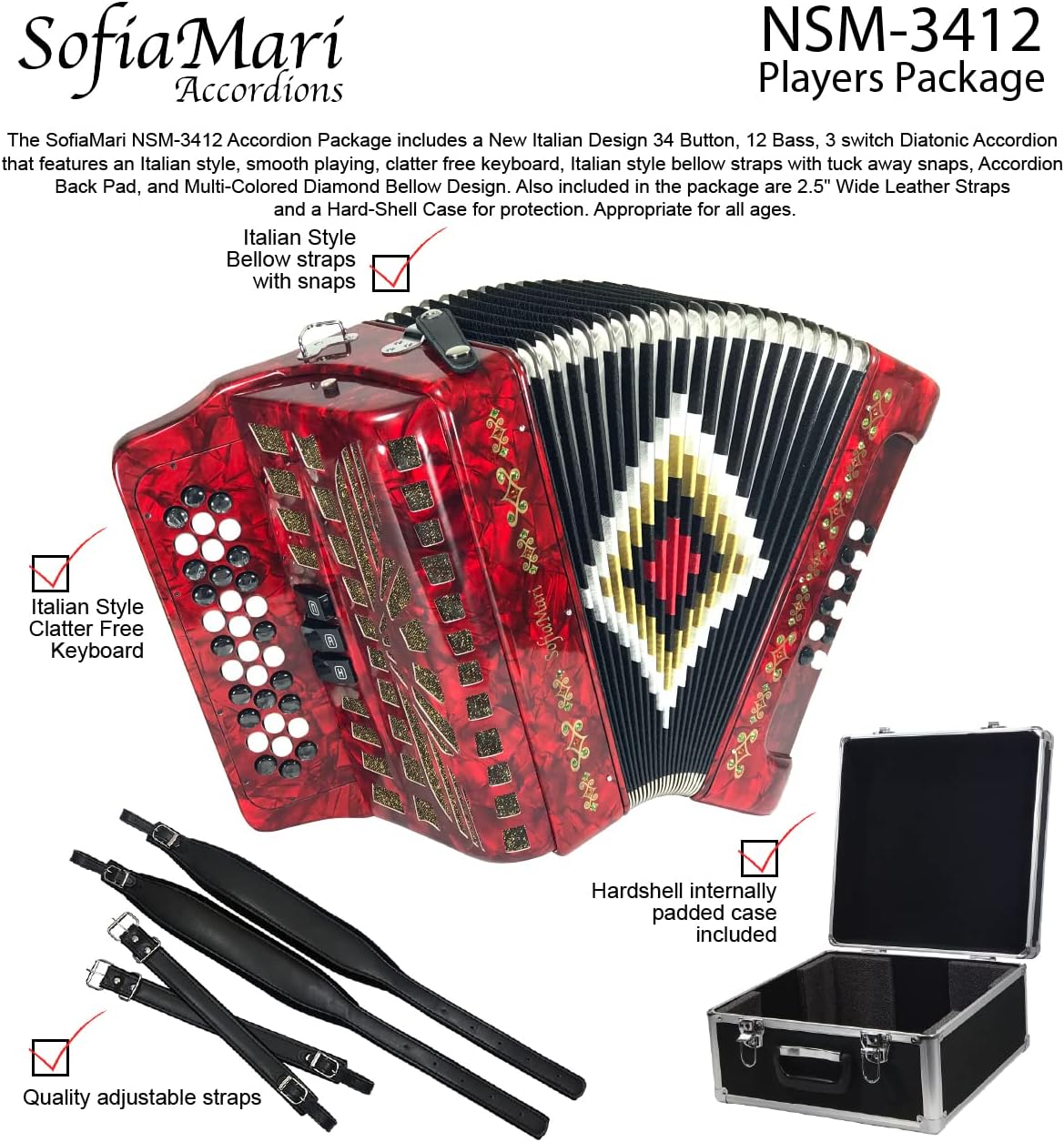 NSM3412 Accordion Package: 34 Button, 12 Bass, 3 Switch Accordion with Case and Straps (Sol/GCF, Red Pearl)