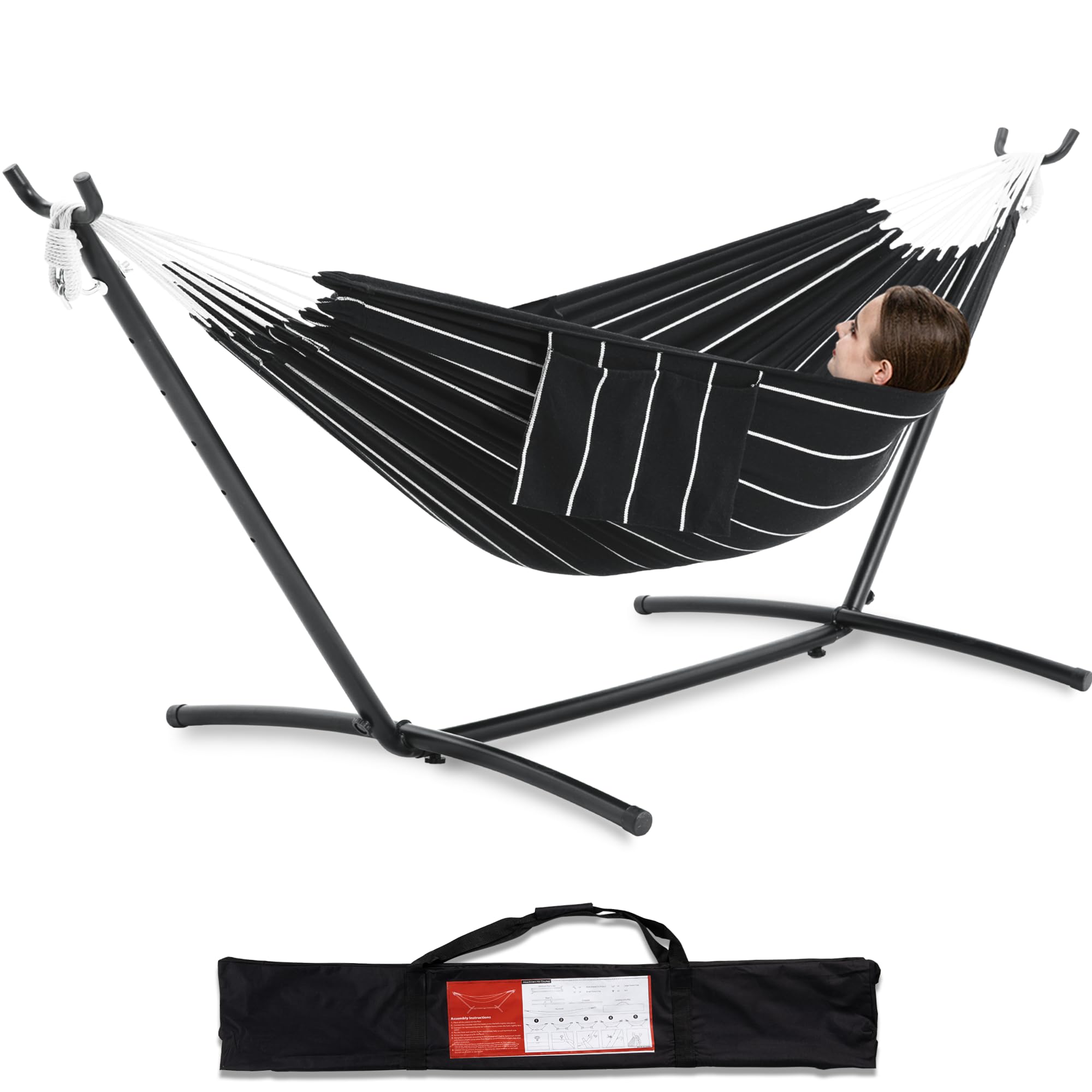 PNAEUT Double Hammock with Space Saving Steel Stand 2 Person Heavy Duty Garden Yard Outdoor