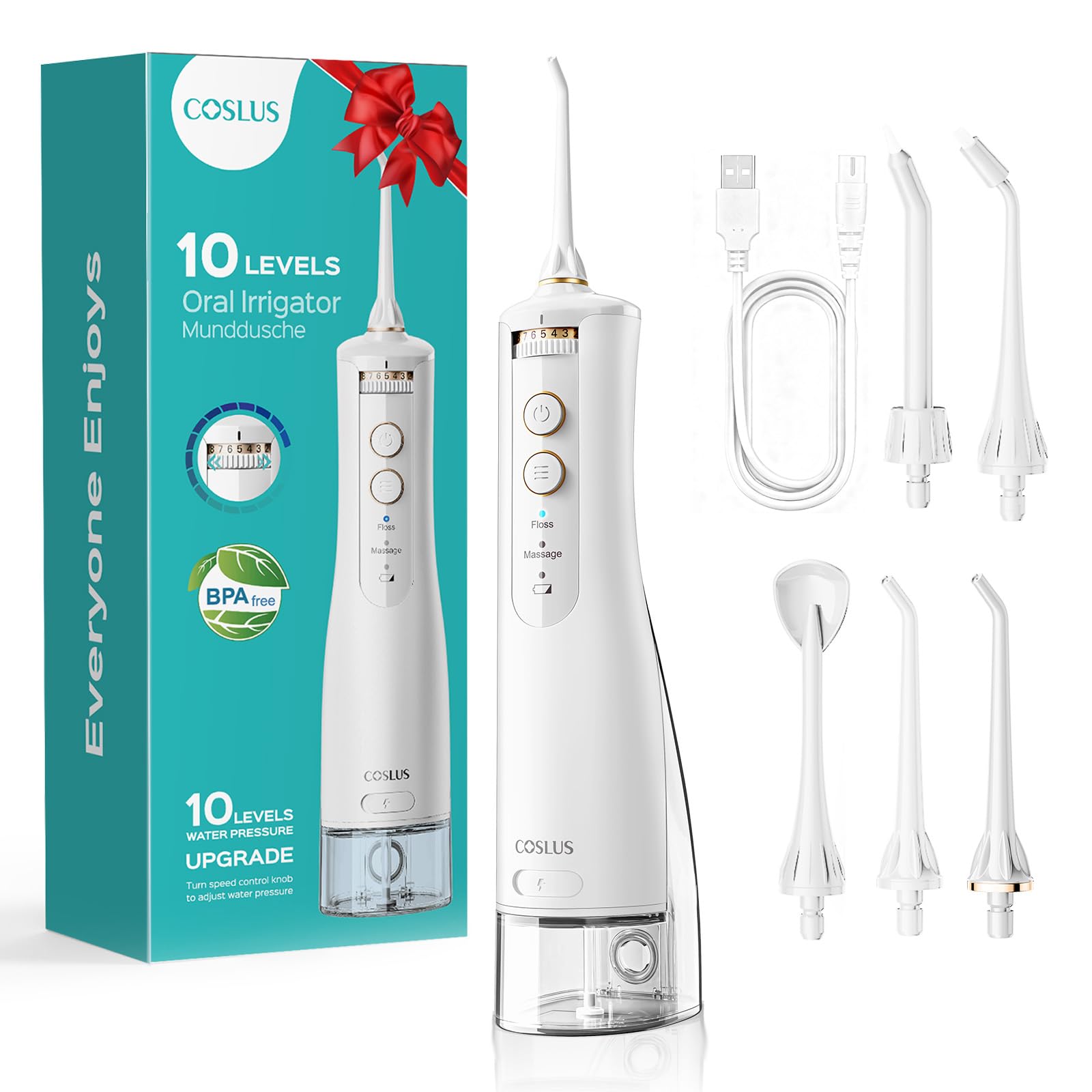 COSLUS E40, hydropulseur sans fil, 300 ml, 10 niveaux, IPX7