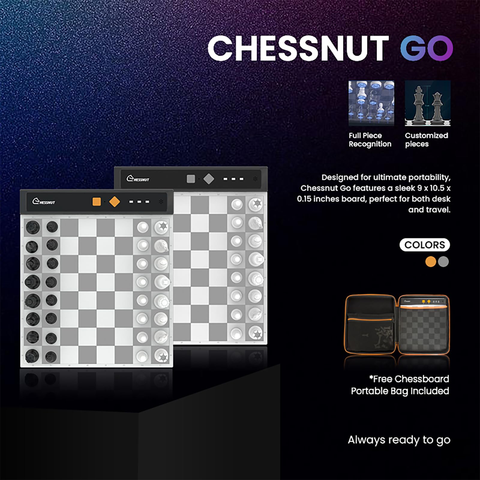 Chessnut Go Ultimate Tragbares elektronisches Schachbrett mit vollständiger Figurenkennung und starker magnetischer Haftung - Perfekte Größe für den Schreibtisch oder auf Reisen(Orange)
