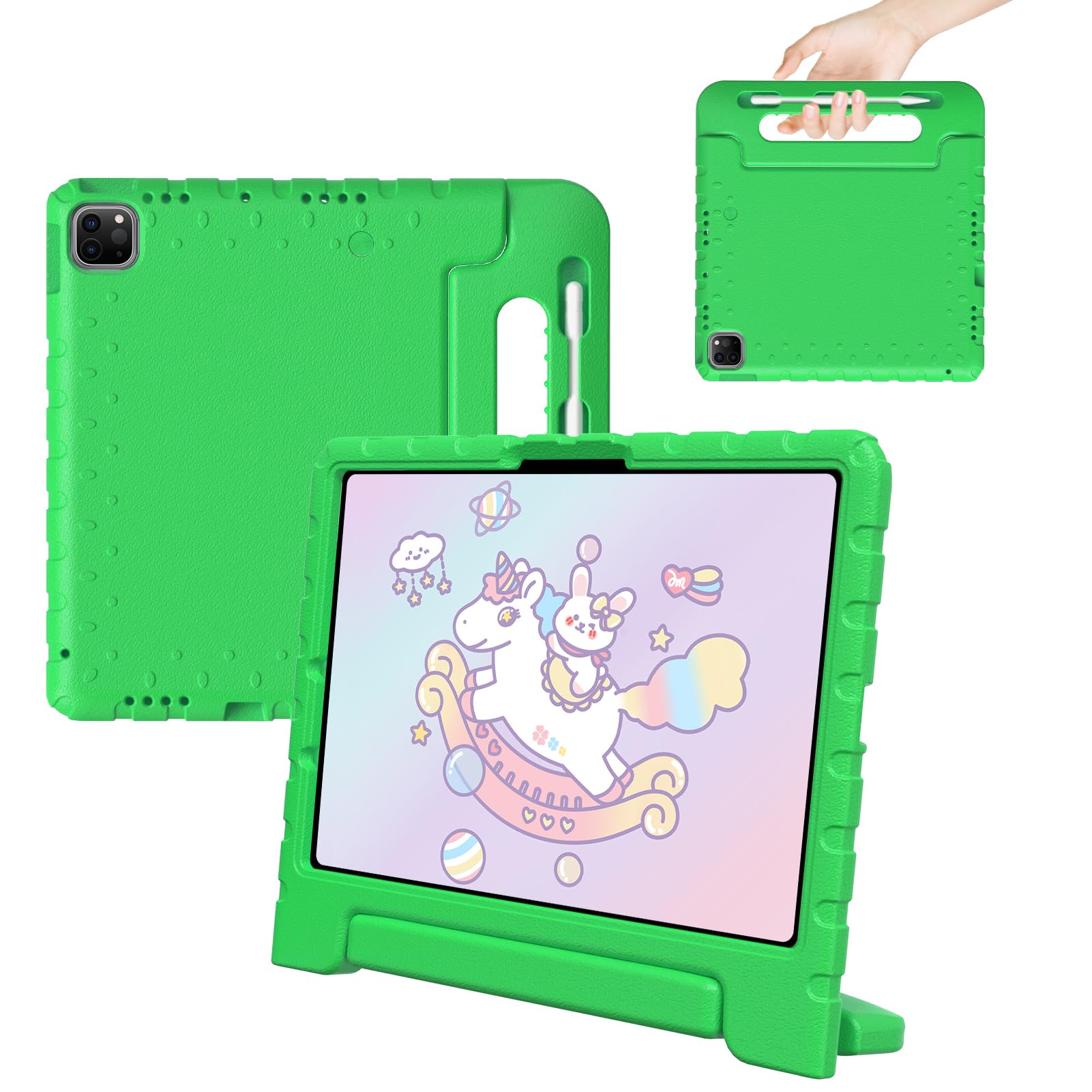 BILLISGOVA for iPad Pro 11 inch Case 2024 M4, Kids Proof Super Protection Cover for iPad Pro 11" with Pencil Holder & Anti-Slip Handle Stand - Green