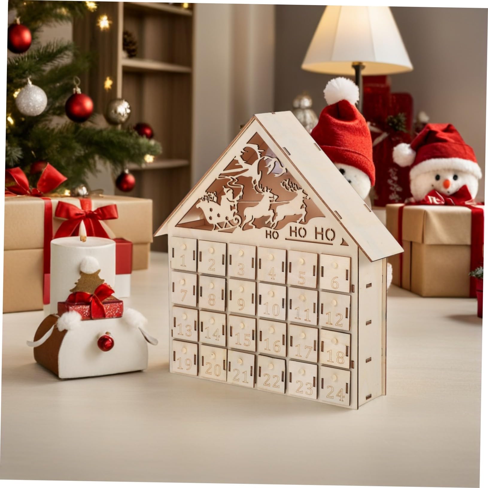 ULTECHNOVO Calendario de Adviento de Madera con Luz LED Rellenables Decoración Navideña Rústica para Mesa Calendario Reutilizable para Familia y Dulces de Navidad