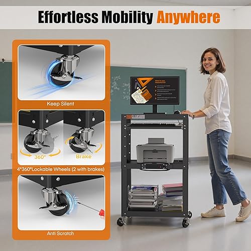 Miniatura 6 de MetaTeel Soporte de carrito de presentación AV para proyector de video, TV, computadoras portátiles, impresoras, carrito rodante de construcción de