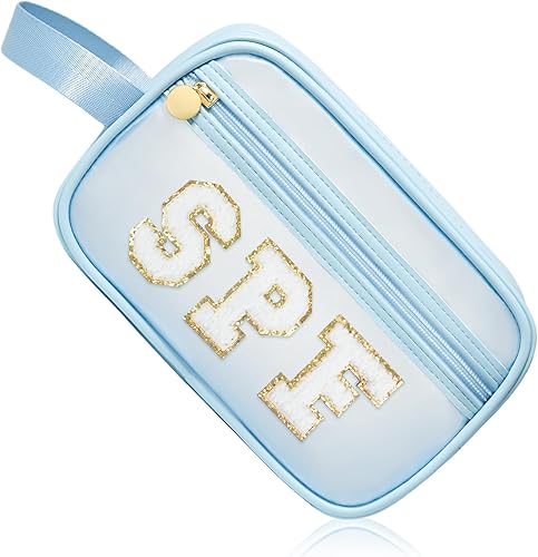 COSHASYOO - Bolsas de maquillaje transparentes con correa de chenilla con parche de letras para cosméticos, bolsa pequeña y bonita para artículos de