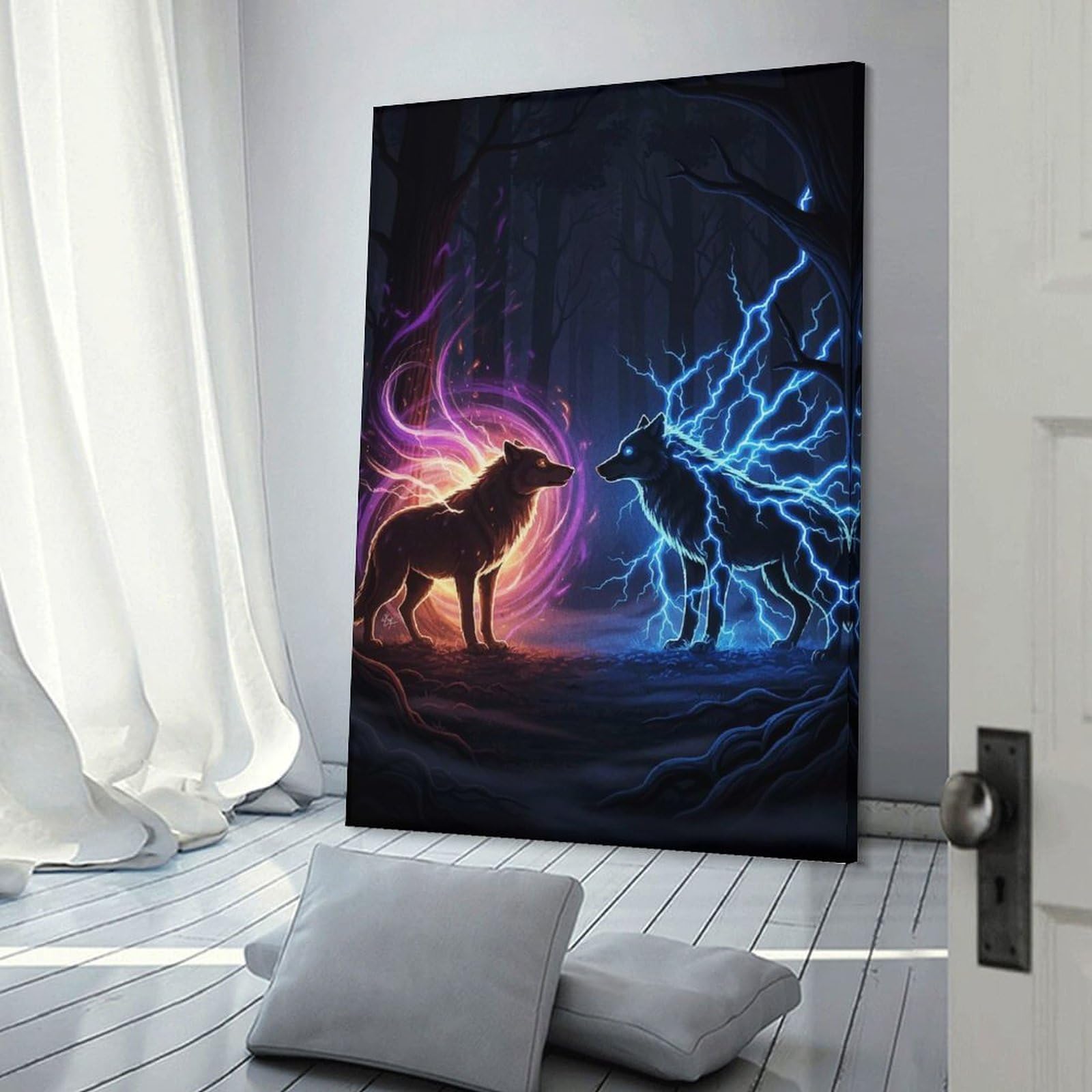 Junmoney Frame-Style-14 Elemental Wolves In Dark Forest Room Decor Wall Art, 20X30inch(50X75cm), For Front Hall, Corridor Or Welcome Spaces, A Neat Decor Update For Hallways