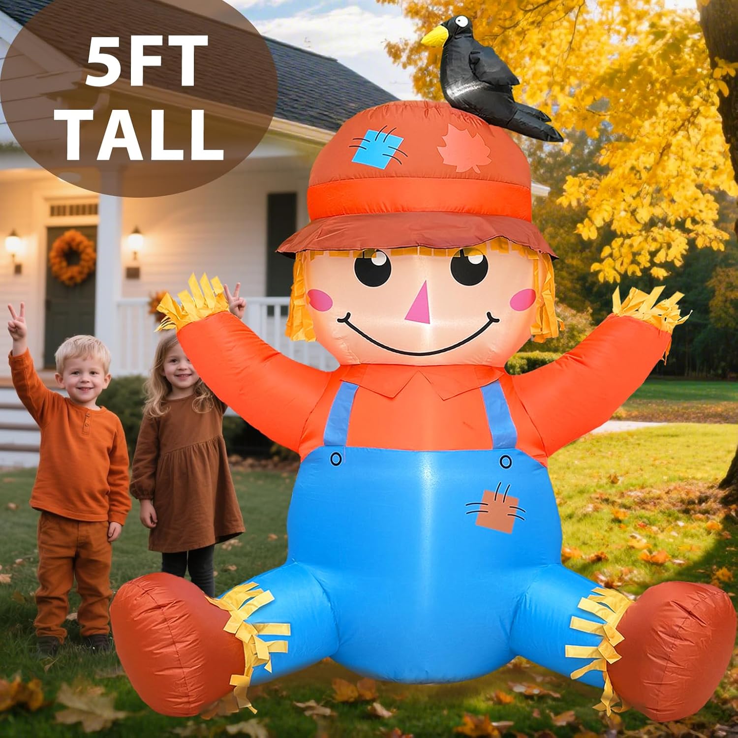 TURNMEON 5FT Fall Thanksgiving Inflatables Outdoor Decorations, Inflatable Scarecrow with Crow Blow Up Yard Decorations Built-in LED Halloween Fall Harvest Thanksgiving Decorations Outdoor Garden Lawn