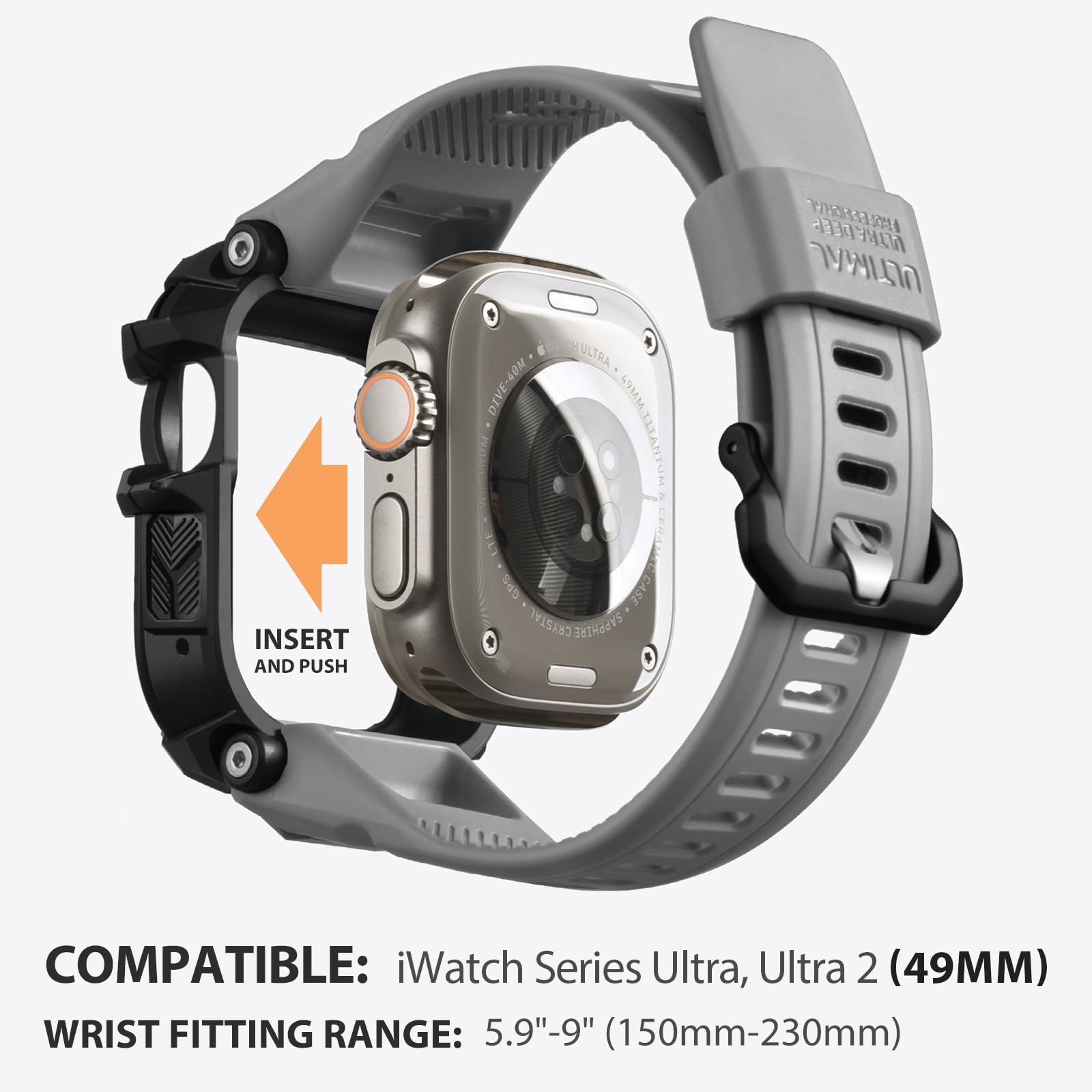 ULTIAML Etui ochronne z bransoletką, kompatybilne z Apple Watch ultra 2/ ultra 49 mm, regulowany, odporny na uderzenia, sportowy pasek, wytrzymały pasek premium (szary)