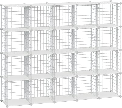 HUBSON Wire Cube Storage Organizer، Book / Toy / Craft / Potted Plants and petCloset Organizers and Storage Shelves، 20-Cube Free Combinable Metal Grids Storage Shelf، White Plus Iron