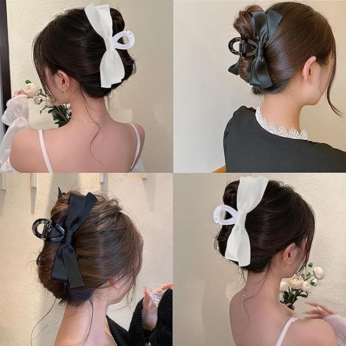 Miniatura 4 de SEVEN LUCKY LIGHT Clip de garra de lazo, 4 lazos para el cabello para mujer, tela de seda satinada, pinzas grandes para cabello grueso