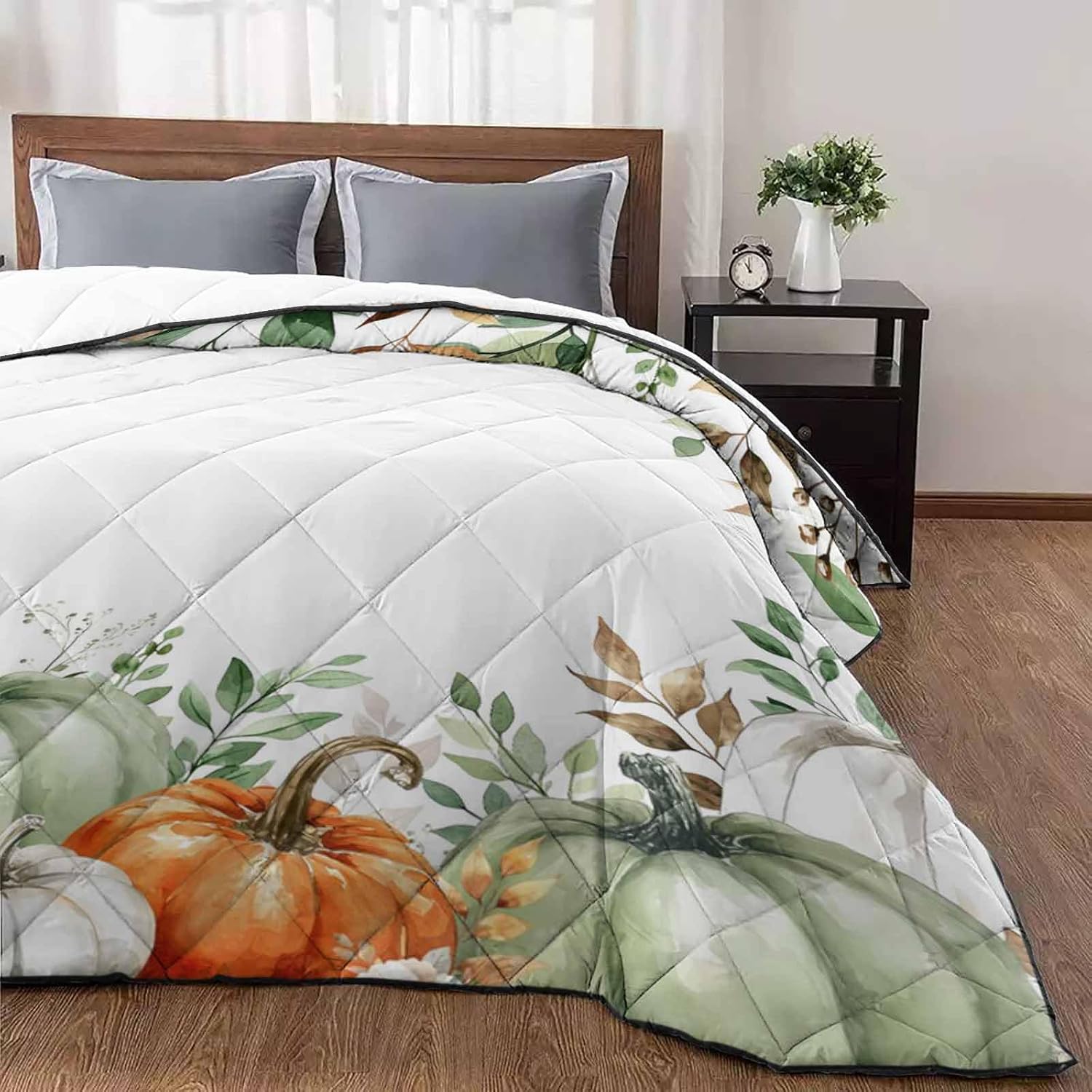 T&H XHome Quilt Full Size Luxury Quilted Comforter Bedspread-Thin Soft Cozy, Eucalyptus Leaf Fall Pumpkin Floral Thanksgiving Reversible Stitched Lightweight Quilt Coverlet for All Season