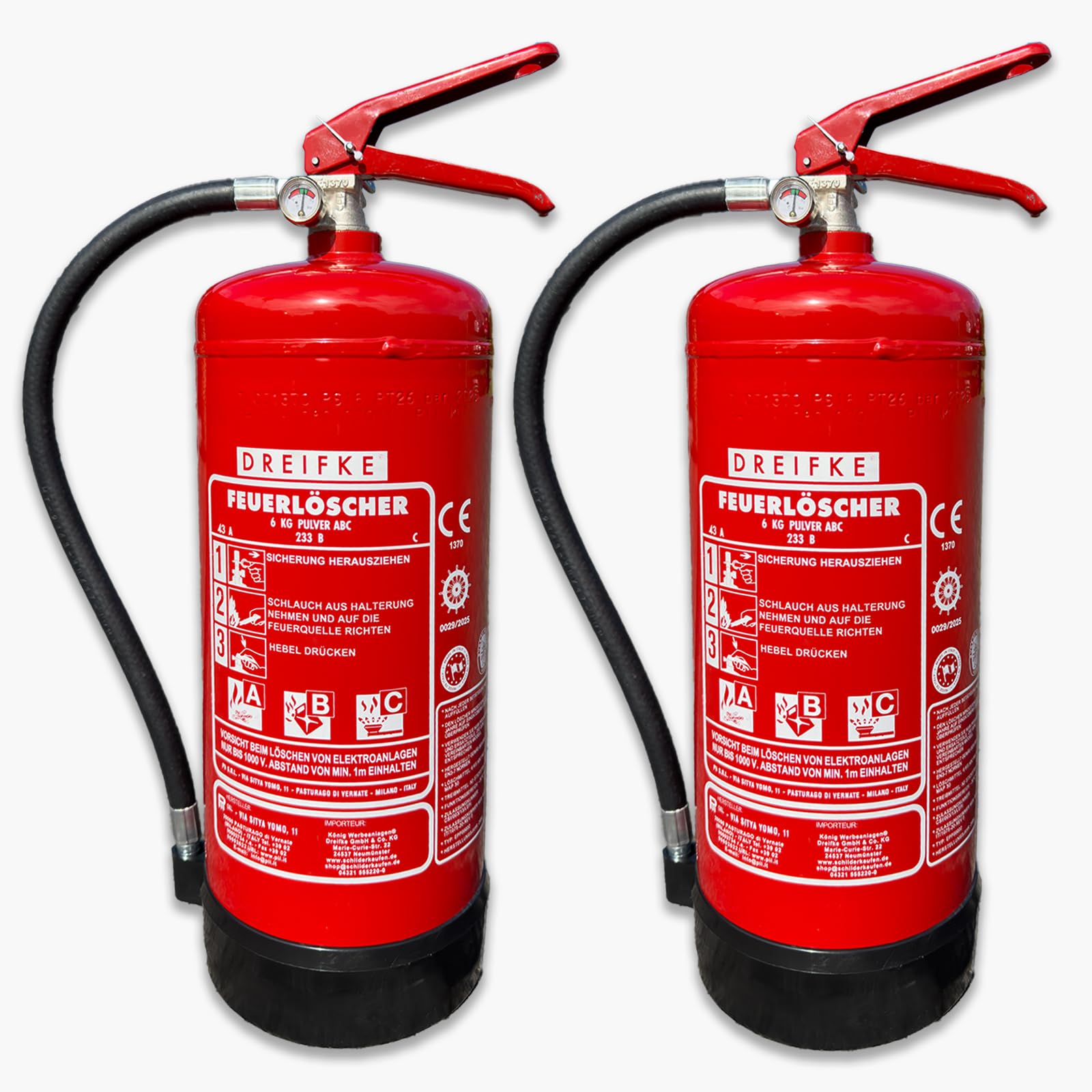 2 Pulver Feuerlöscher 6kg | Geeignet für die Brandklassen ABC | 43A 233B C | 12 Löscheinheiten (LE) | Gemäß DIN EN 3-7 | mit Wandhalterung