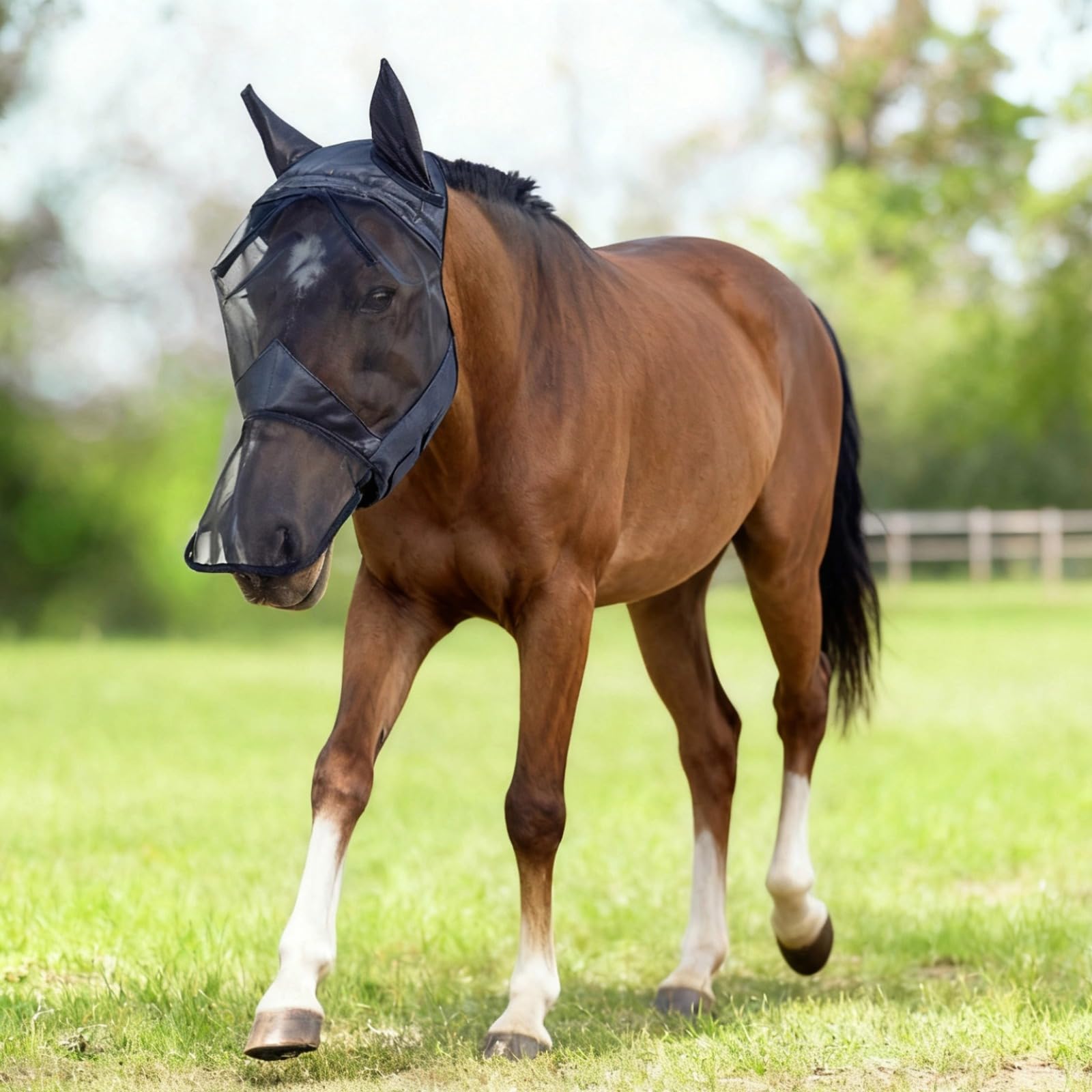 Máscara antimoscas para caballos con protección nasal extendida, malla suave con doble costura, protección completa para la cabeza y la cara contra las moscas y el sol, poliéster transpirable, cierre