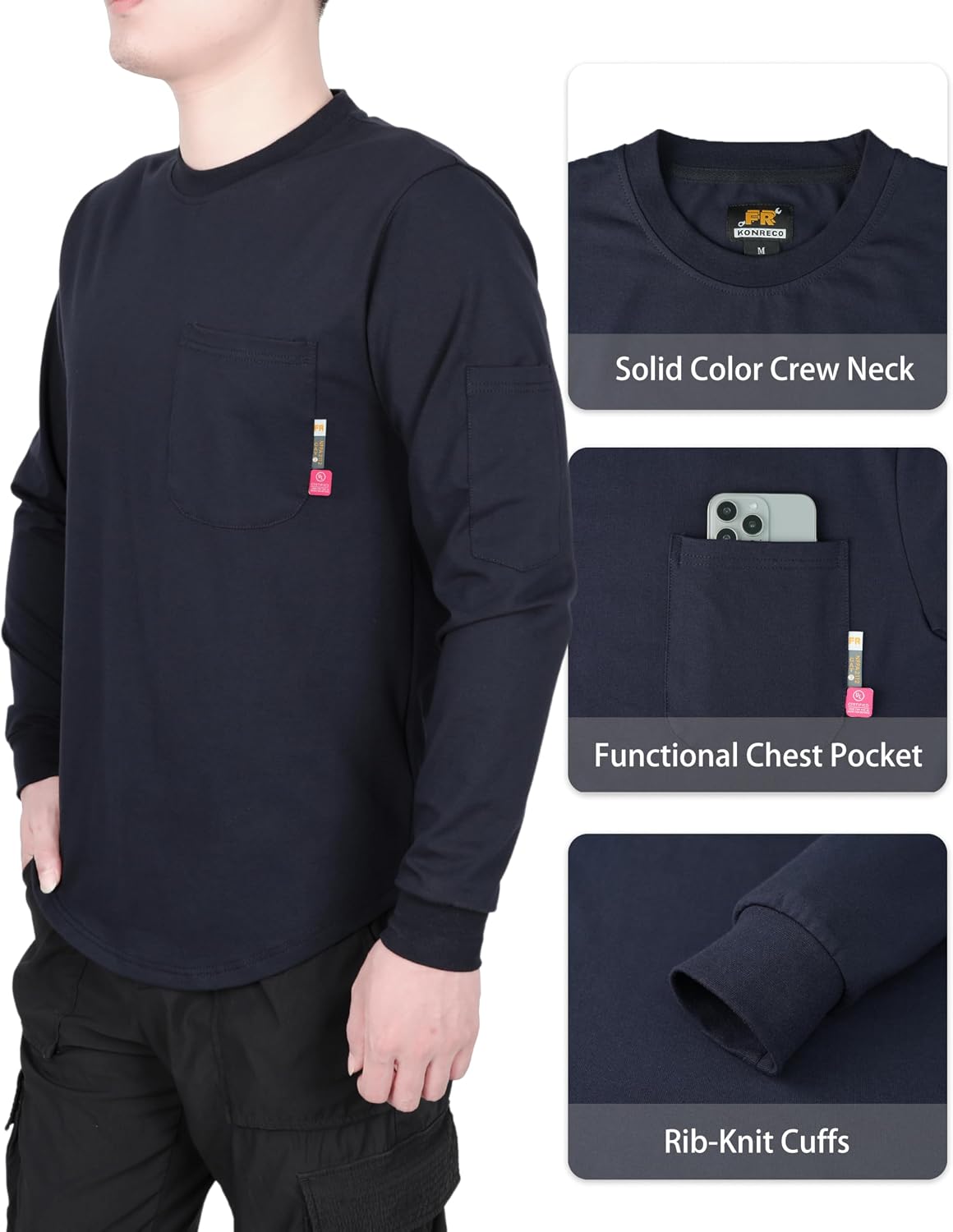KONRECO FR Shirts for Men Crewneck 6oz Jersey Lightweight Flame Resistant Work T Shirt NFPA2112 CAT2