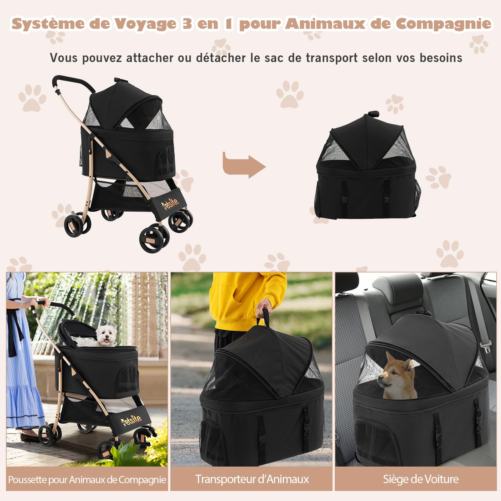 GOPLUS 3 en 1 Poussette pour Chien Chat, Poussette Pliable, Siège de Voiture Amovible, Auvent Réglable, Entrée en Maille Zippée, Panier de Rangement, pour Petits/Moyens Chiens Chats(Noir)