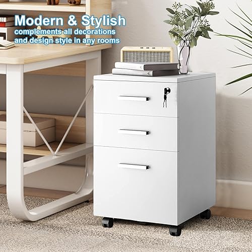 Miniatura 3 de Archivador móvil con 1 cajón con cerradura, polea de 360 grados, amplio diseño de elevación de escritorio, archivador de madera, archivador rodante