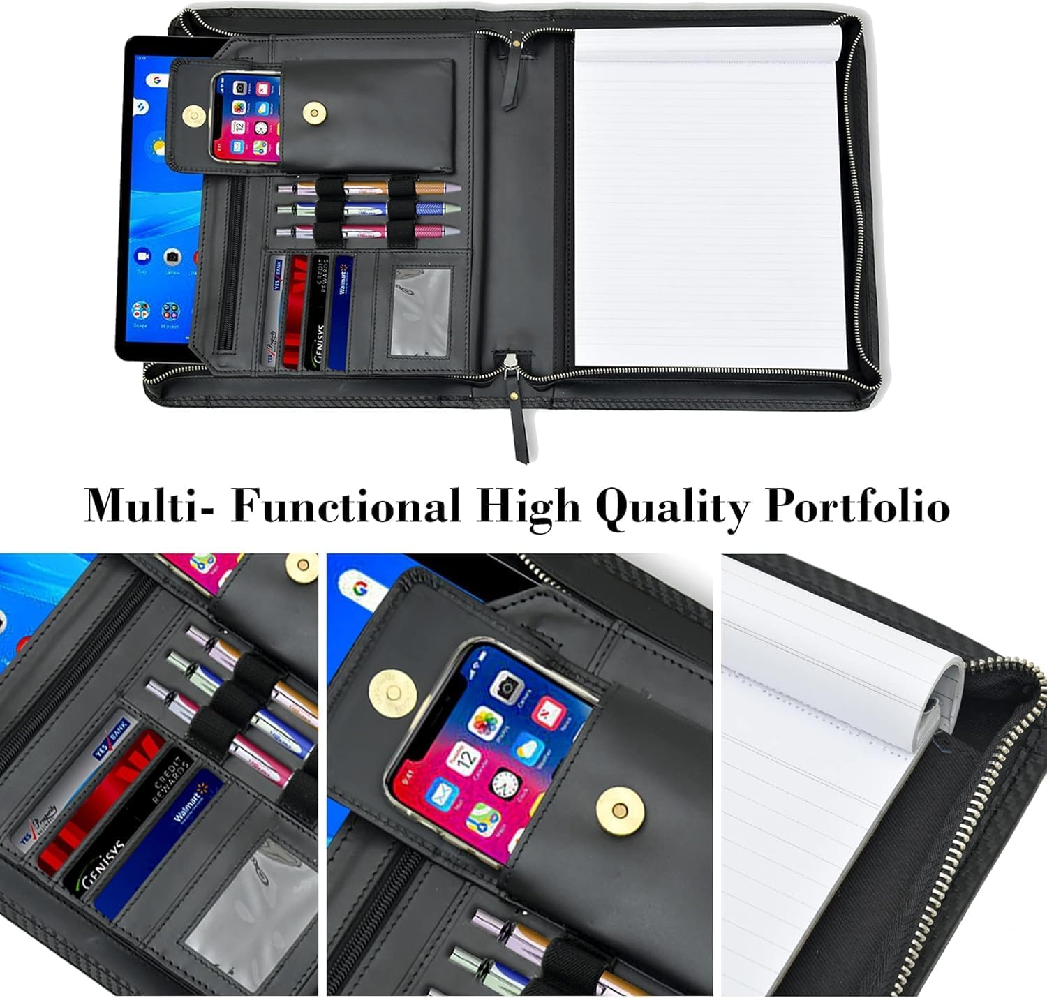 Genuine Leather Portfolio Organizer with Zipper for Men Women, Padfolio Business Resume A4/Pad, Folder Organizer, Legal Pad Holder with Card Slots, Zippered Padfolio for Business Documents, Black
