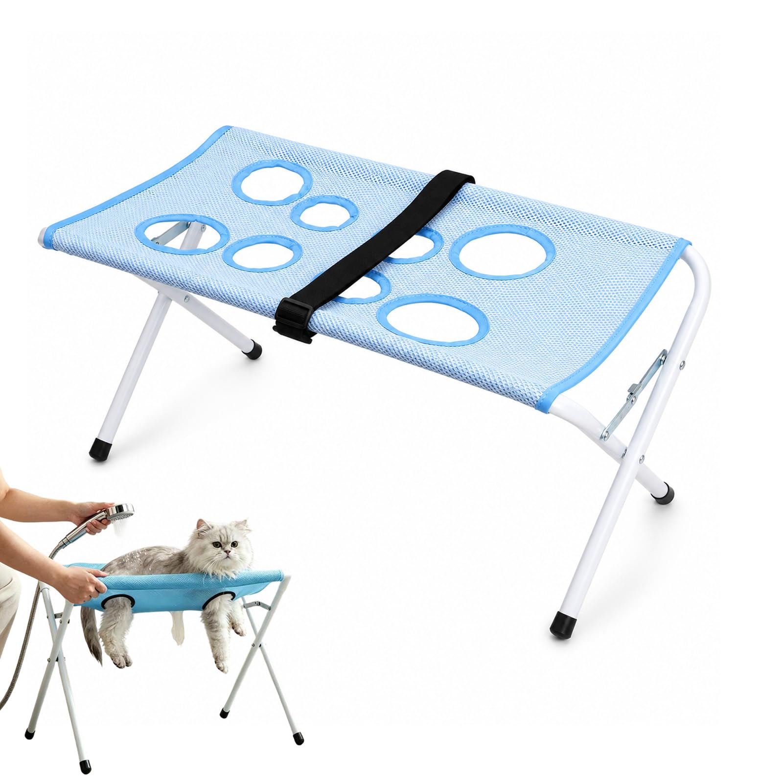 LLELEMAMO Foldable Pet Bathing Stand, Dog Grooming Hammock for Cats and Small Dogs (Blue)