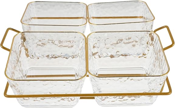 Clear Acrylic Fruit Plate with Metal Rack Base Removable Divided Snack Bowls for Appetizers Chips Nuts Candy and Condiments Shatter-Resistant Sectioned Serving Tray for Parties and