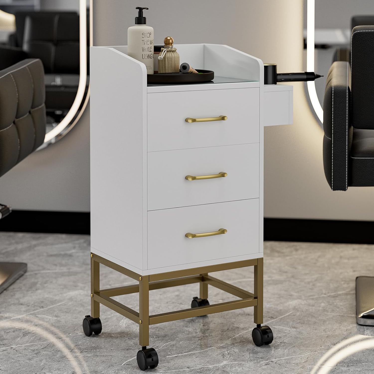 Beauty Salon Storage Trolley Cart, Mobile Hair Salon Station Hairdressing Tools Organizer Cabinet with 3 Drawers, Hair Dryer Holders and Lockable Rolling Wheels (White Gold)