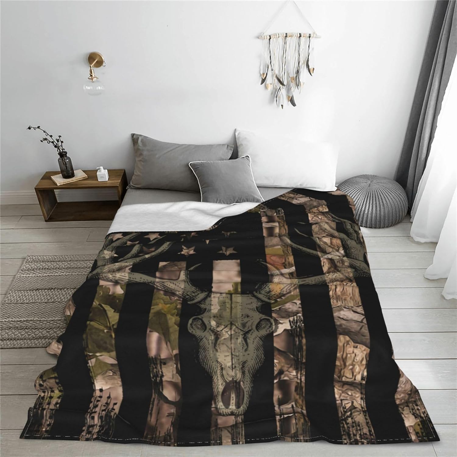 Camo American Flag Deer Fleece Throw Blanket Camouflage Soft Flannel Plush Lightweight Warm Cozy Blanket for Bed Couch Sofa Travel 50"X40"