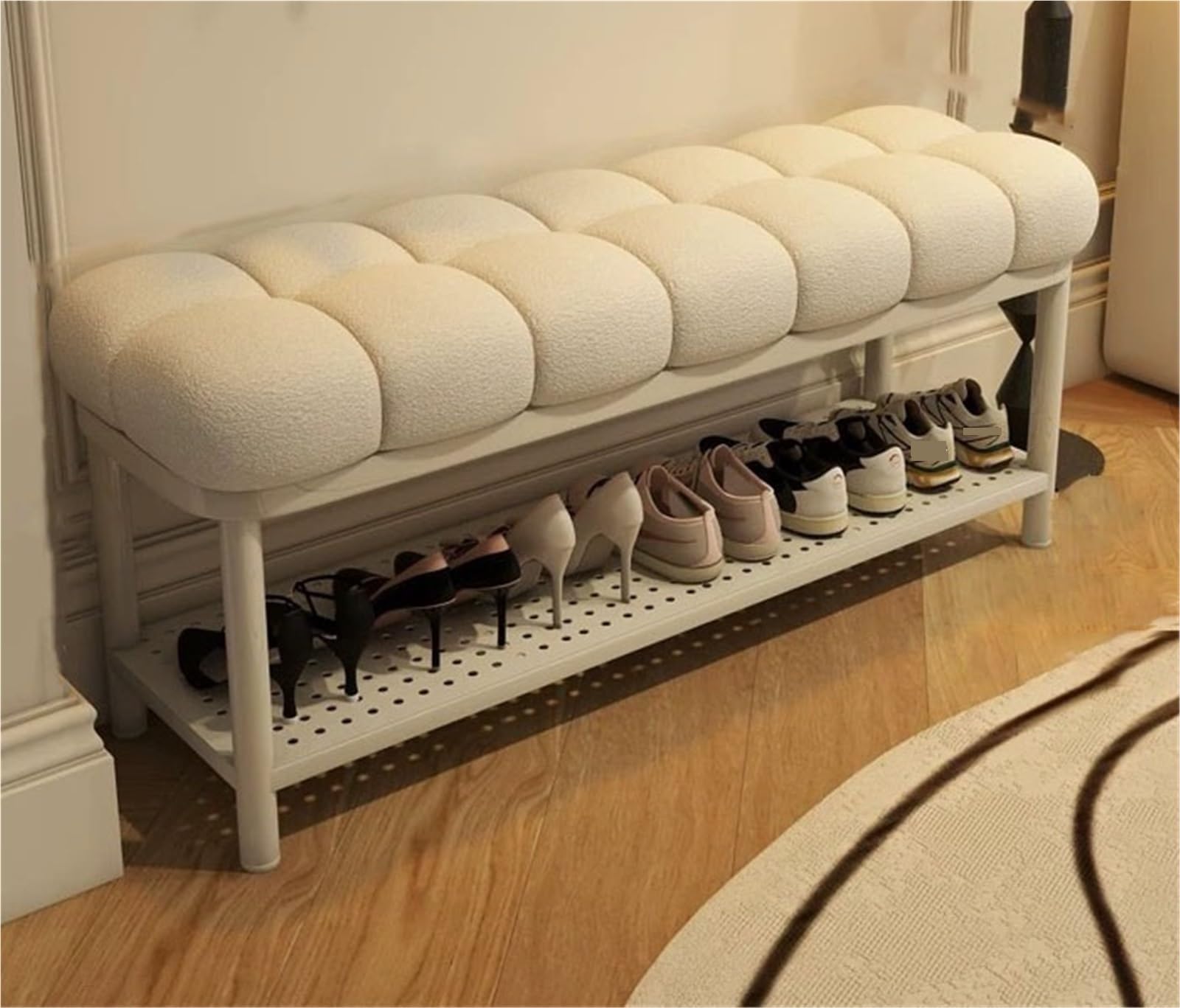 SDCFFC Upholstered Entryway Shoe Rack Bench Shoe Storage Bench with Open Storage Shelves Modern Ottoman Bench Shoe Organizer for Hallway Living Room,Ideal for Home
