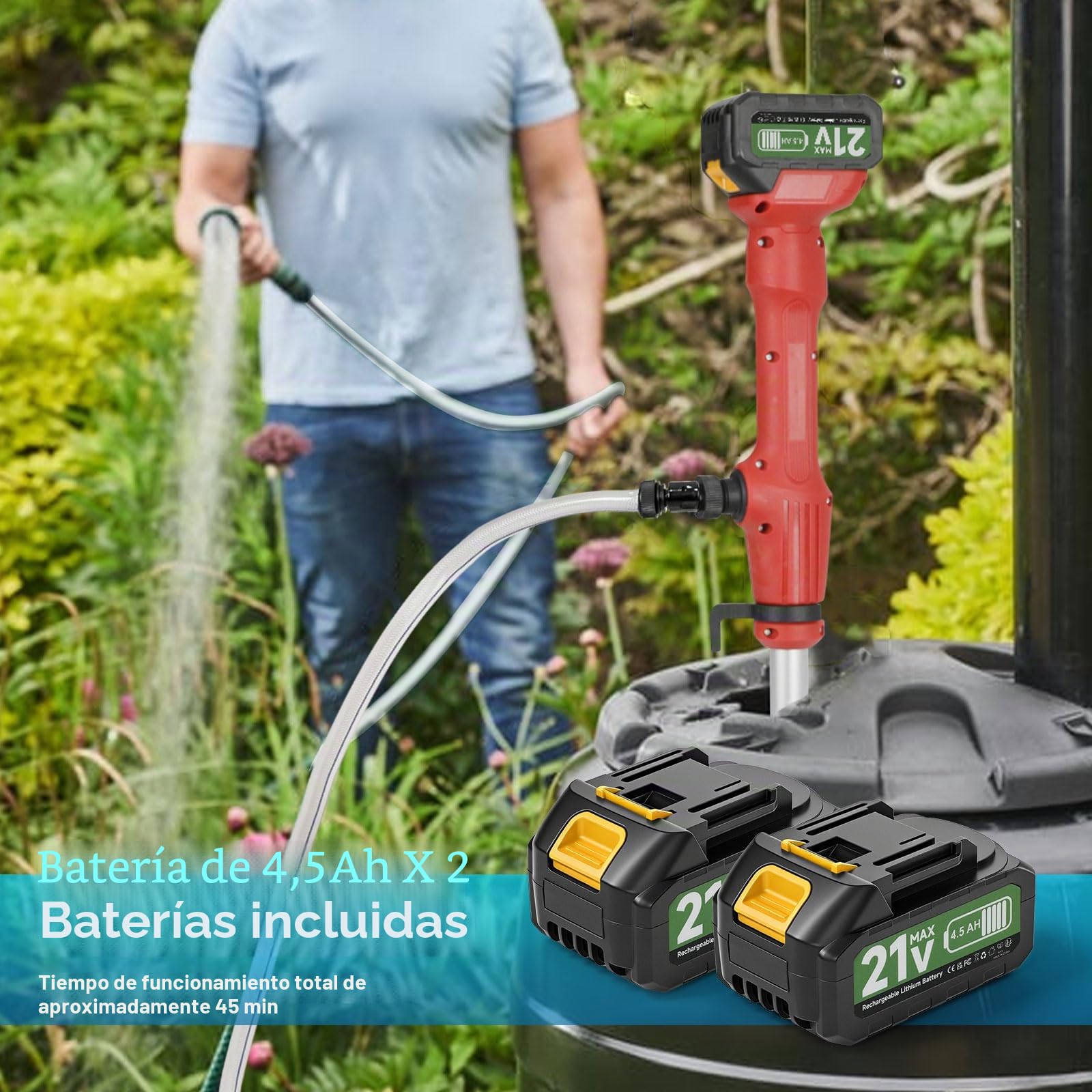 Bomba de barril de lluvia inalámbrica, bomba de transferencia de agua de palo 2 x 4,5 Ah Batería 11000 RPM 2725 L/H Bomba sumergible portátil de alto flujo con pantalla de batería y cargador para